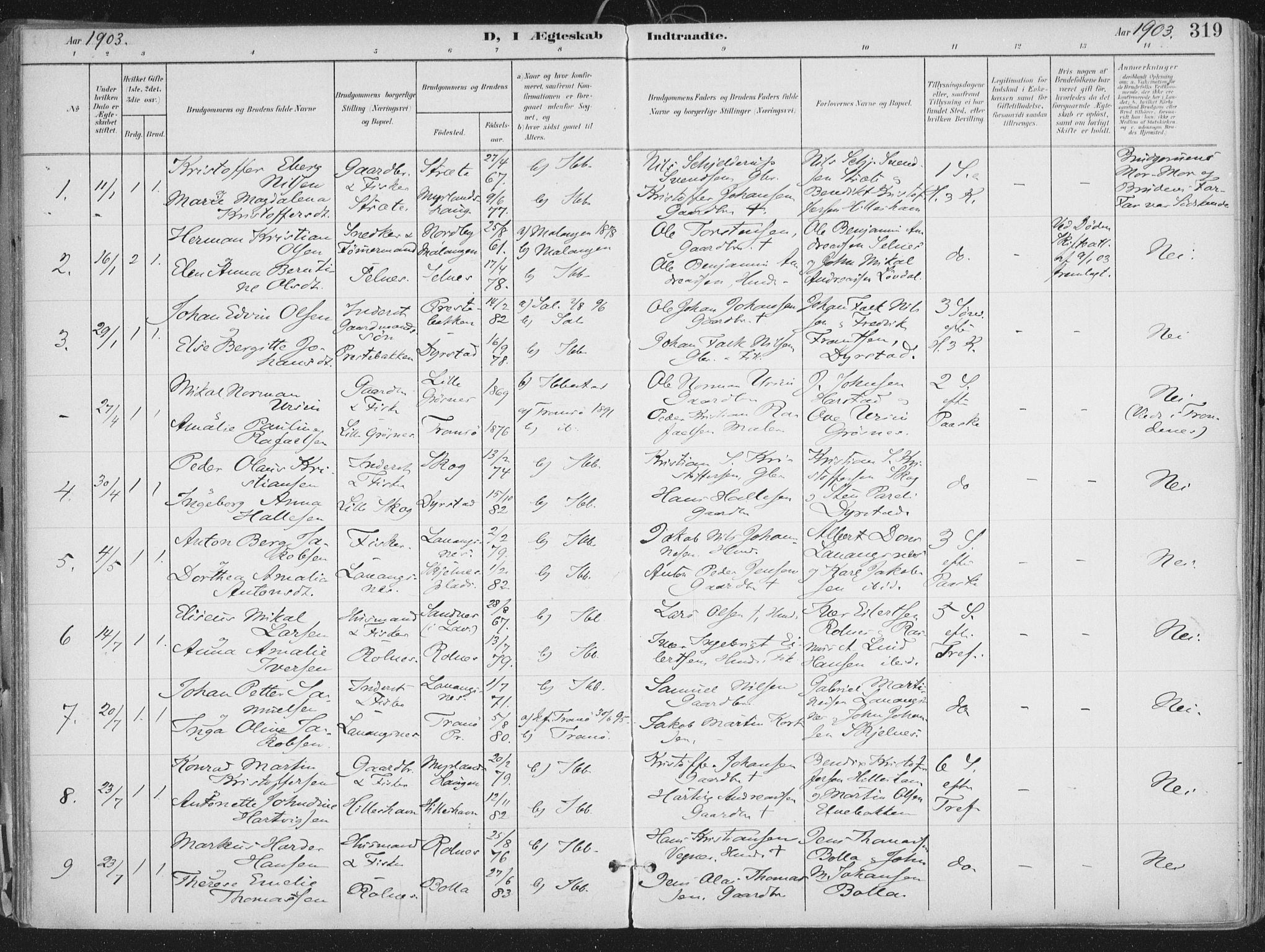 Ibestad sokneprestembete, SATØ/S-0077/H/Ha/Haa/L0017kirke: Parish register (official) no. 17, 1901-1914, p. 319