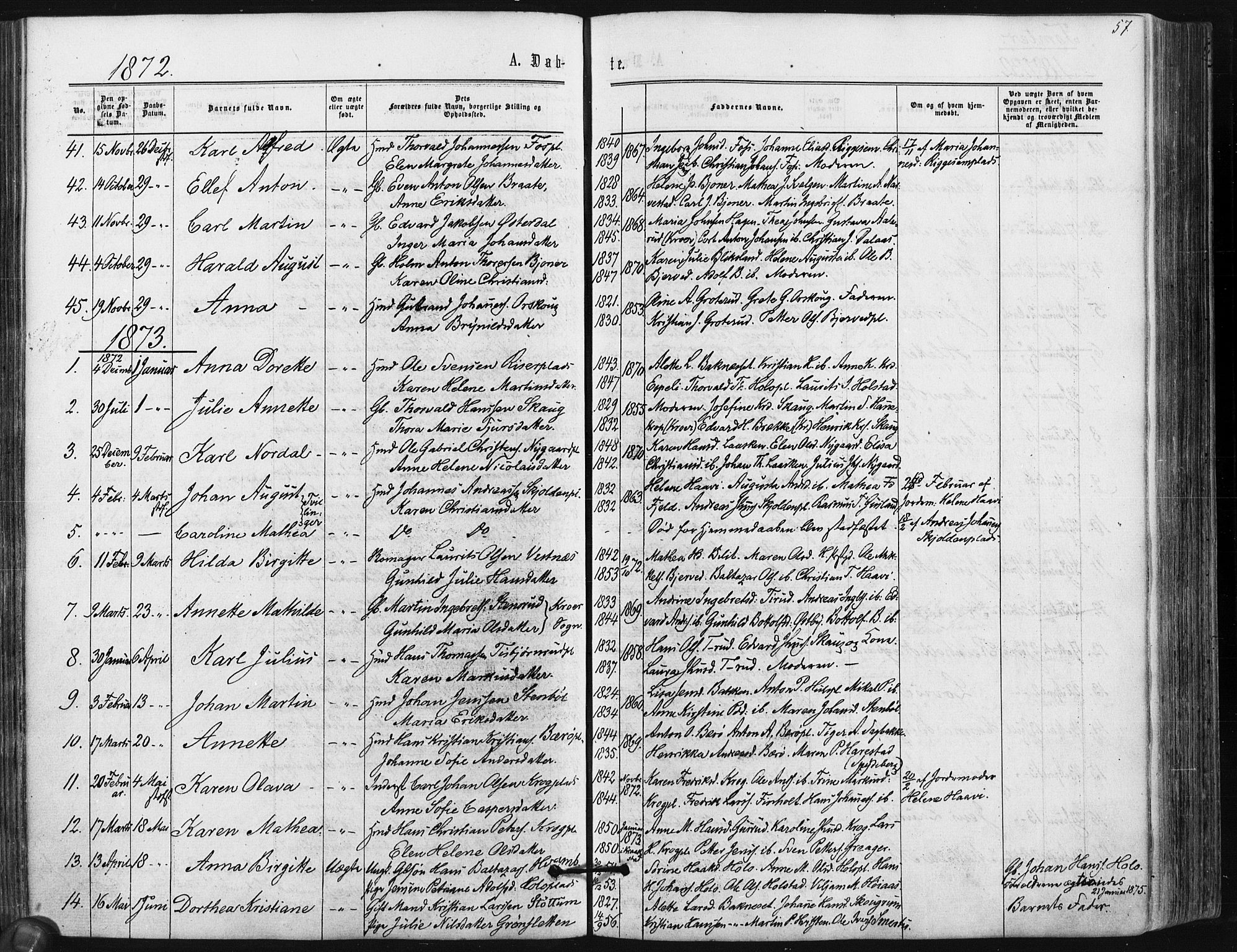 Hobøl prestekontor Kirkebøker, SAO/A-2002/F/Fa/L0004: Parish register (official) no. I 4, 1865-1877, p. 57