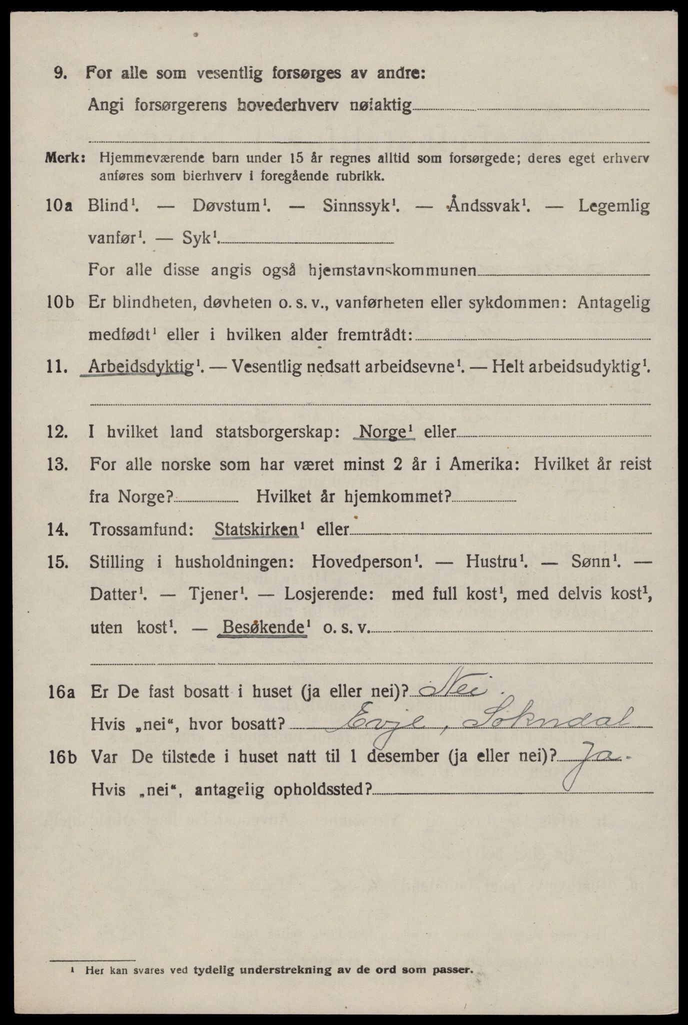 SAST, 1920 census for Sokndal, 1920, p. 3106