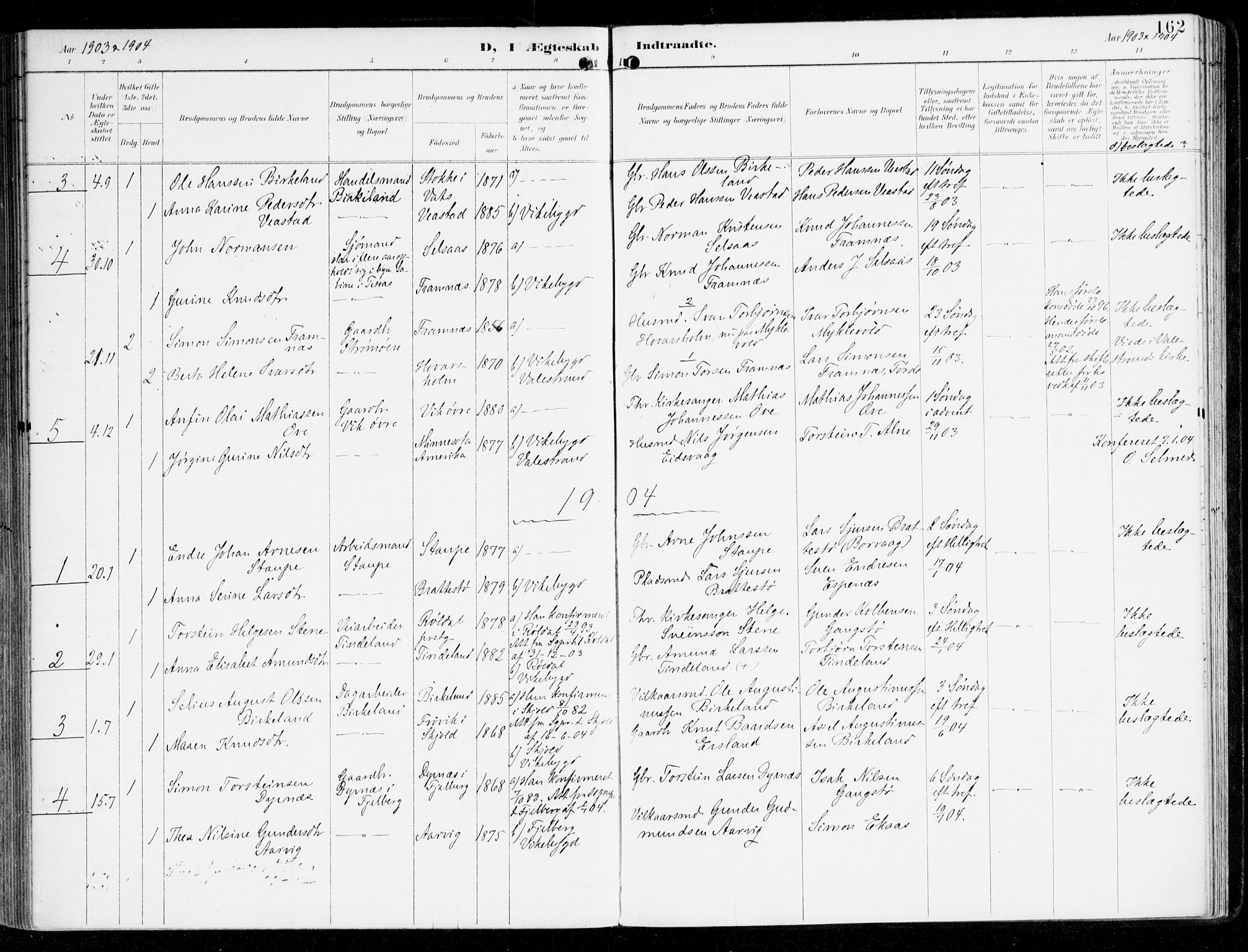 Sveio Sokneprestembete, AV/SAB-A-78501/H/Haa: Parish register (official) no. D 2, 1894-1916, p. 162