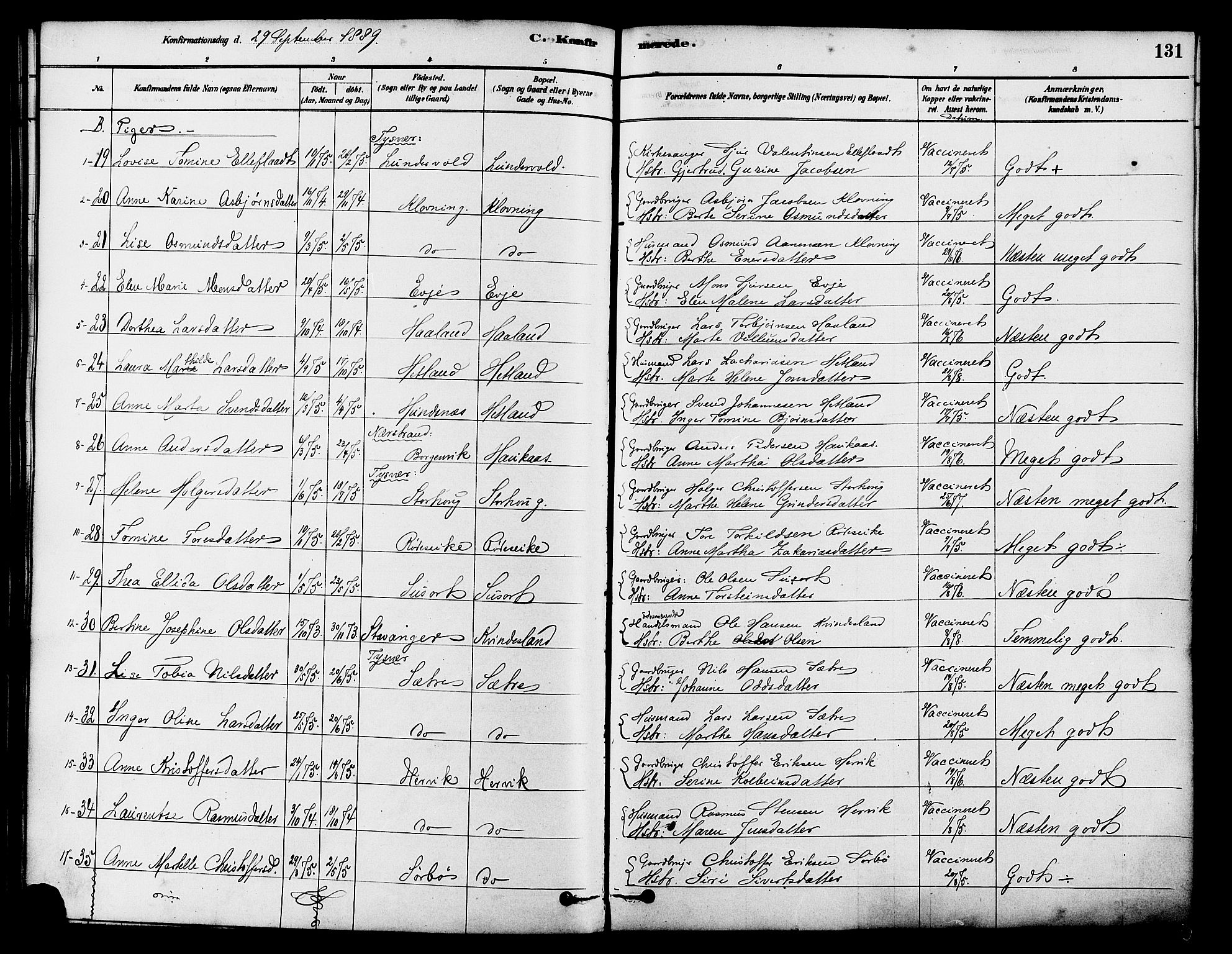 Tysvær sokneprestkontor, AV/SAST-A -101864/H/Ha/Haa/L0006: Parish register (official) no. A 6, 1878-1896, p. 131