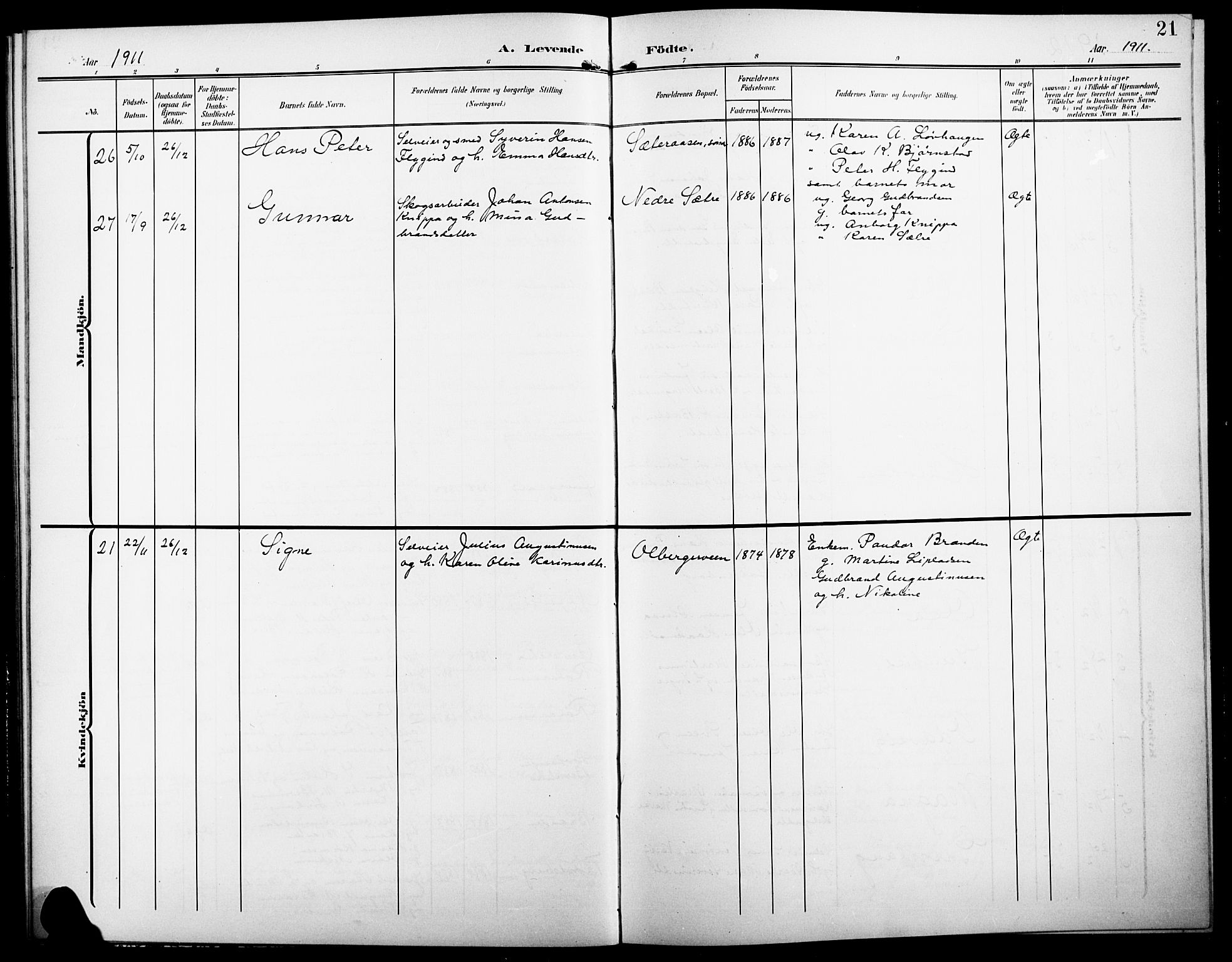 Elverum prestekontor, AV/SAH-PREST-044/H/Ha/Hab/L0008: Parish register (copy) no. 8, 1908-1918, p. 21