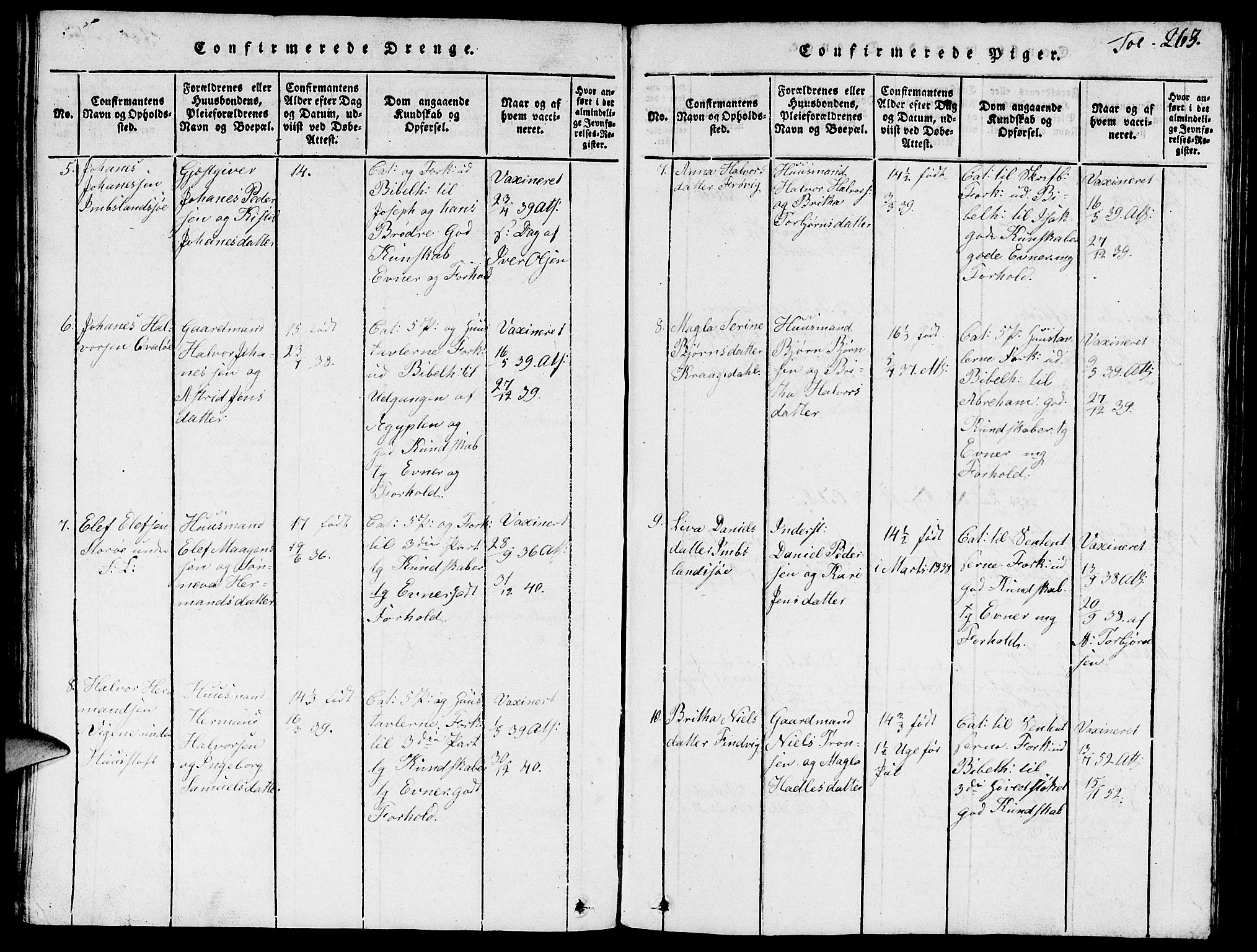 Vikedal sokneprestkontor, SAST/A-101840/01/V: Parish register (copy) no. B 3, 1816-1867, p. 263