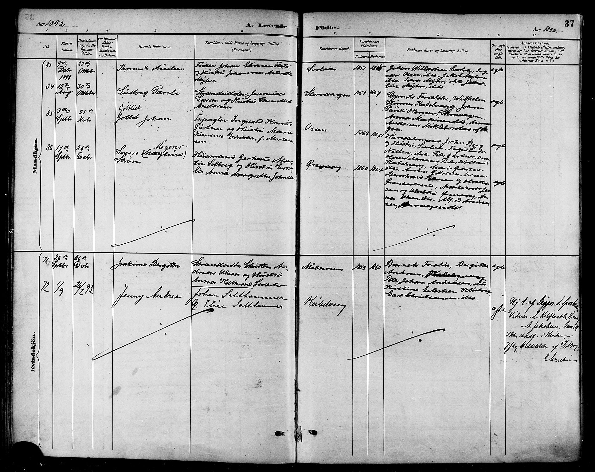 Ministerialprotokoller, klokkerbøker og fødselsregistre - Nordland, AV/SAT-A-1459/874/L1060: Parish register (official) no. 874A04, 1890-1899, p. 37