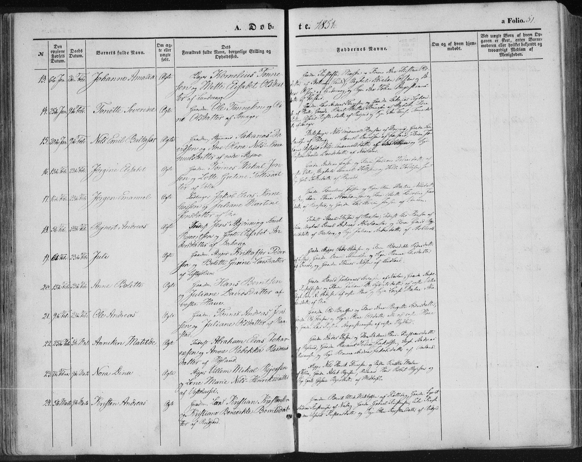 Lista sokneprestkontor, SAK/1111-0027/F/Fa/L0010: Parish register (official) no. A 10, 1846-1861, p. 51