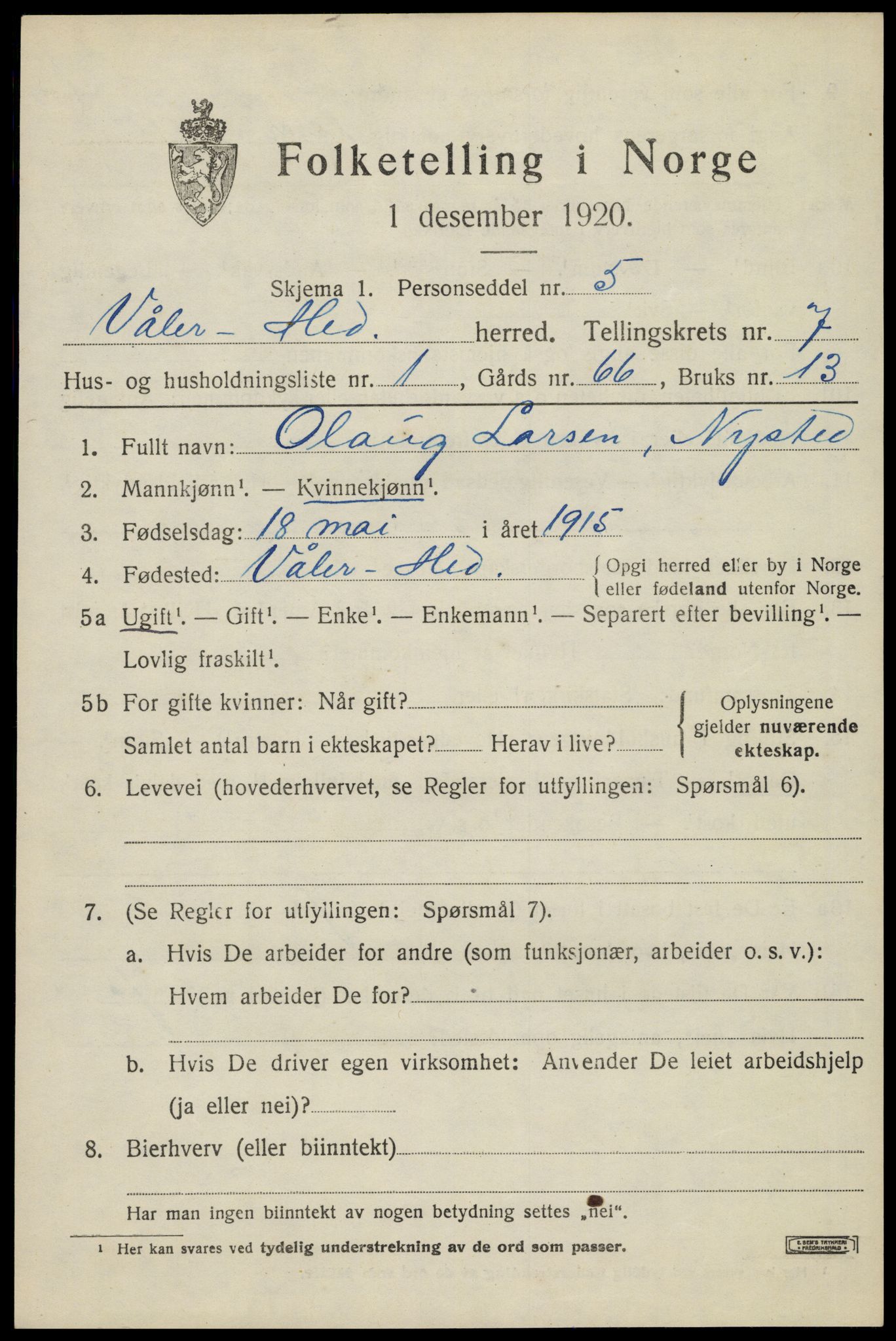 SAH, 1920 census for Våler (Hedmark), 1920, p. 7565