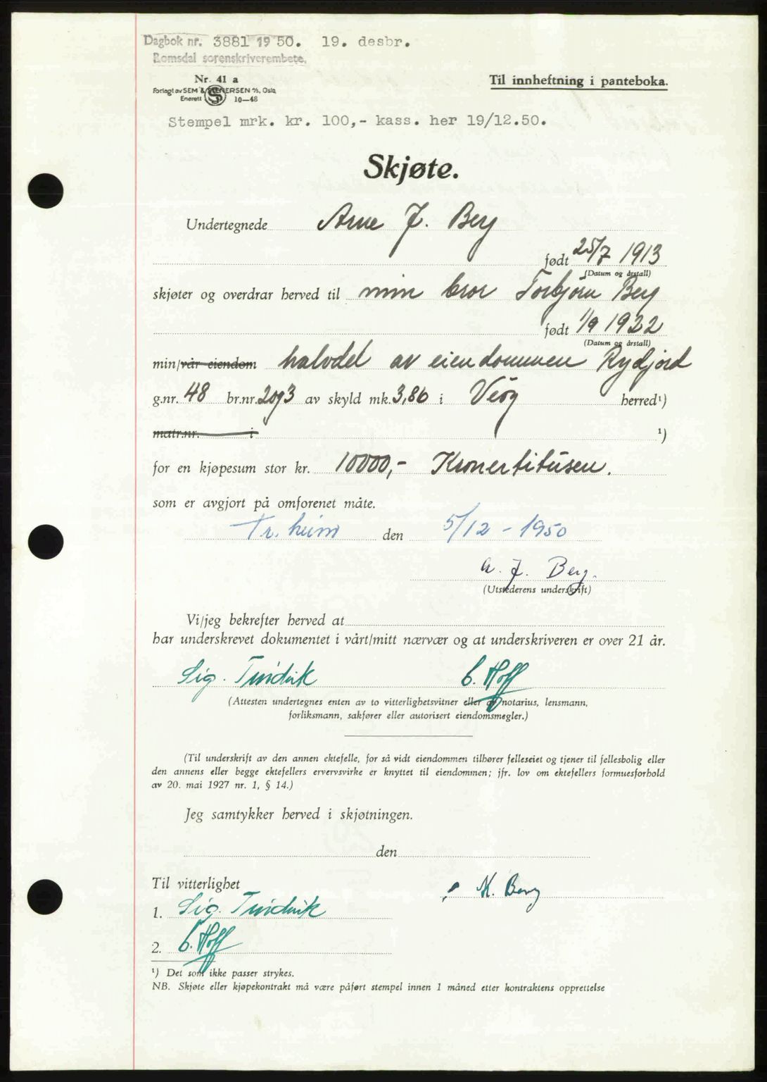 Romsdal sorenskriveri, AV/SAT-A-4149/1/2/2C: Mortgage book no. A35, 1950-1950, Diary no: : 3881/1950