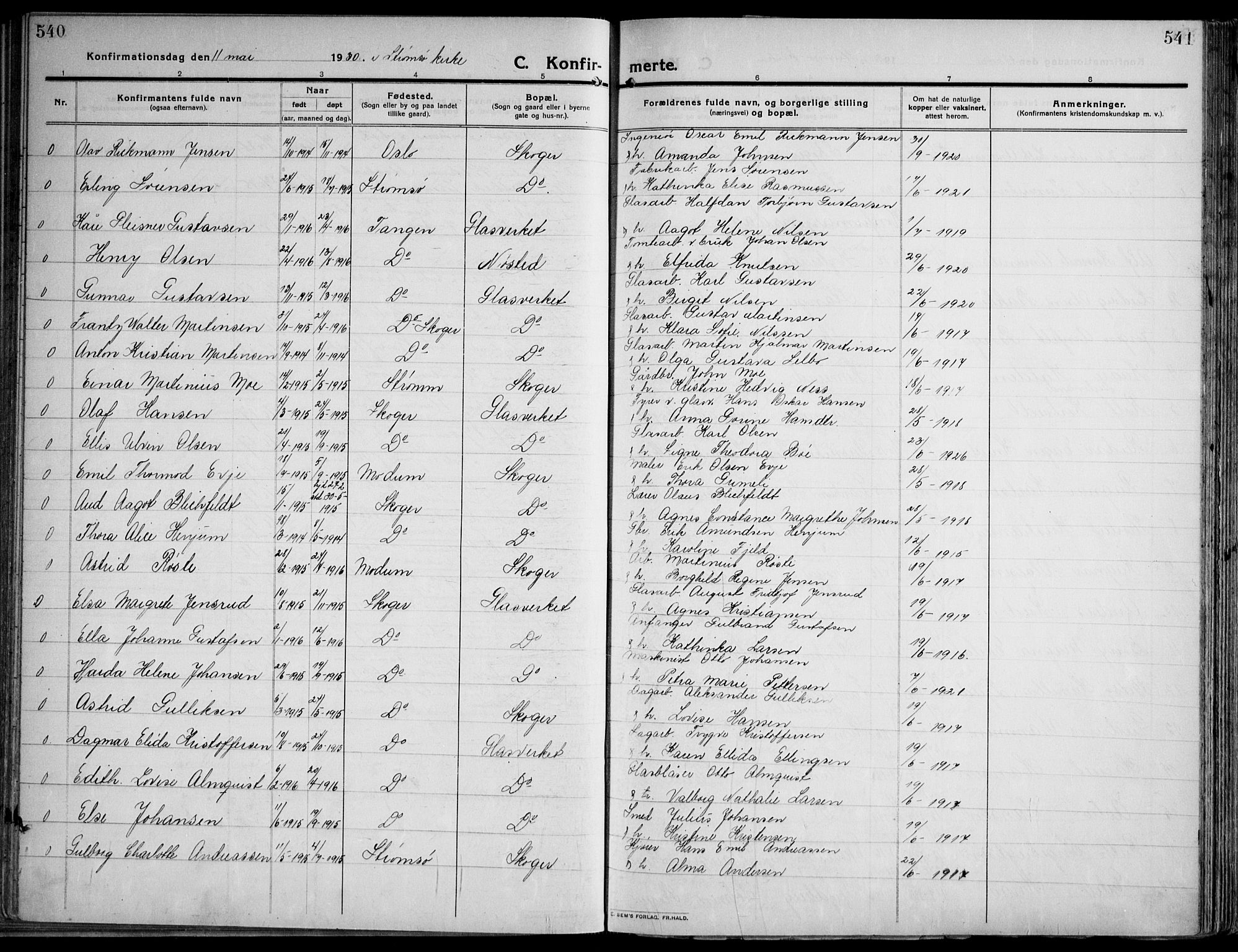 Skoger kirkebøker, AV/SAKO-A-59/F/Fa/L0007: Parish register (official) no. I 7, 1911-1936, p. 540-541