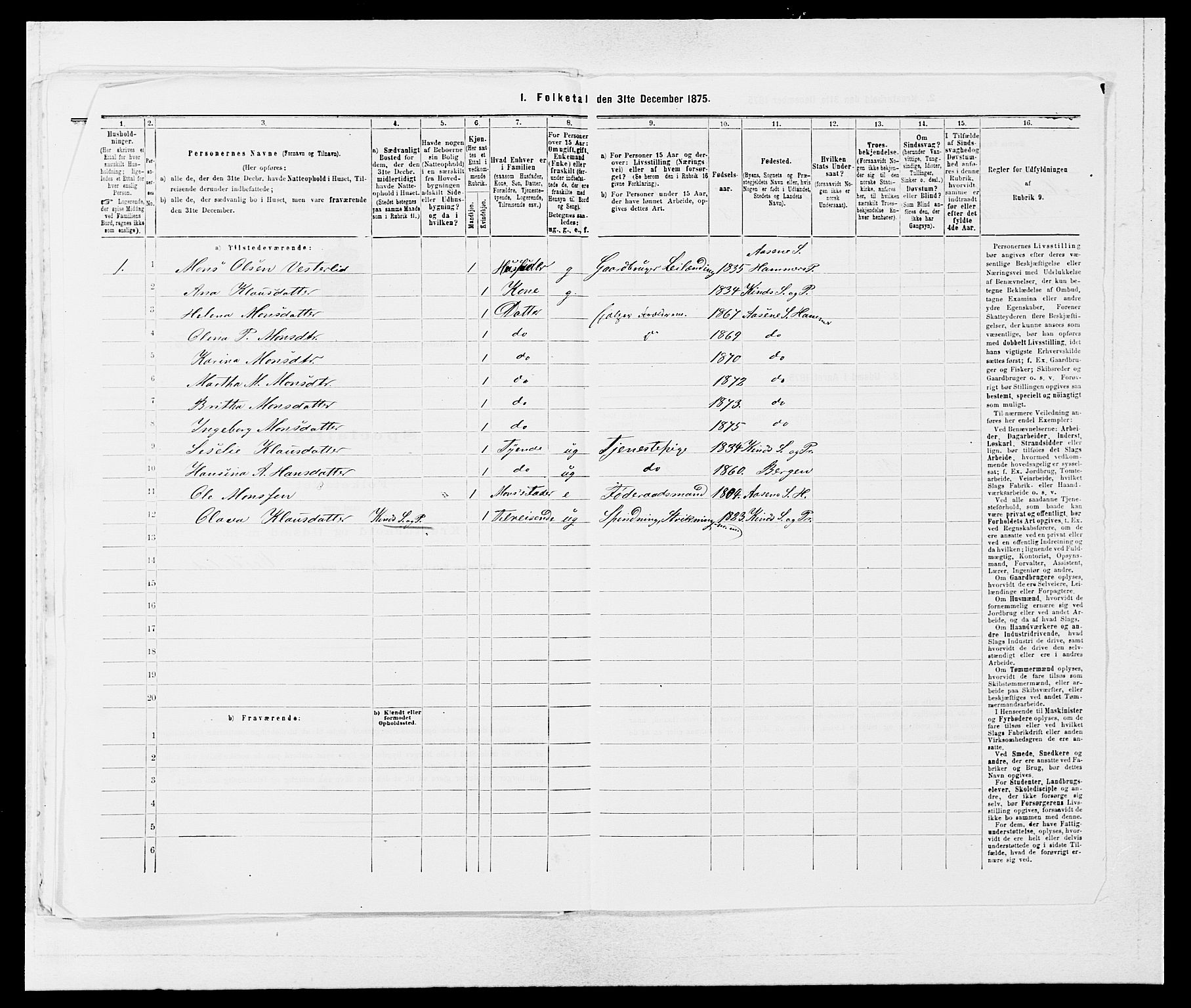 SAB, 1875 census for 1254P Hamre, 1875, p. 1811