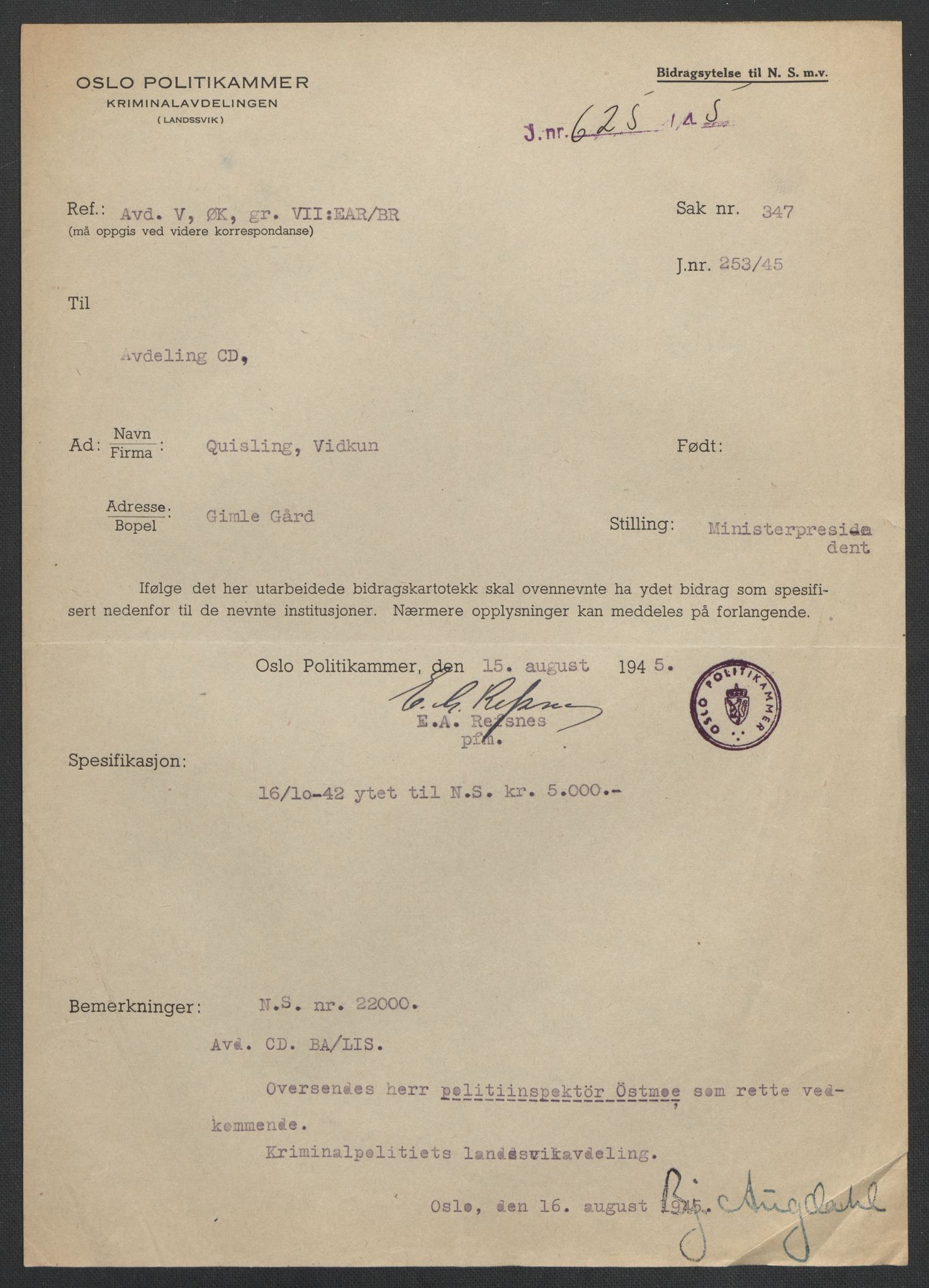 Landssvikarkivet, Oslo politikammer, AV/RA-S-3138-01/D/Da/L0003: Dnr. 29, 1945, p. 1225