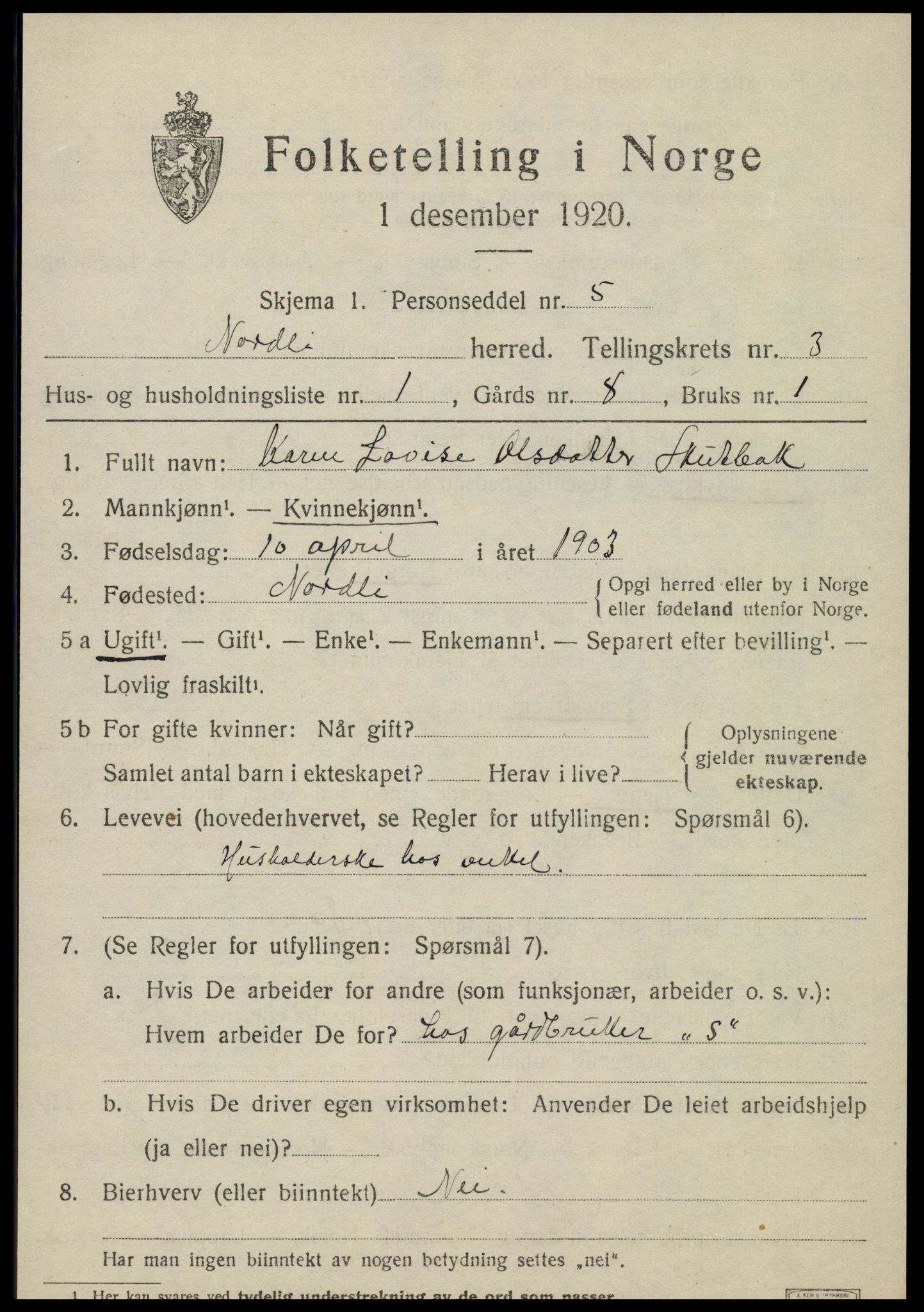 SAT, 1920 census for Nordli, 1920, p. 1415