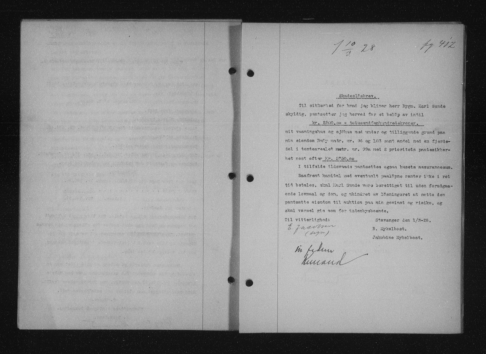 Stavanger byfogd, SAST/A-101408/001/4/41/410/410BB/L0053: Mortgage book no. 41, 1927-1928, Deed date: 10.03.1928