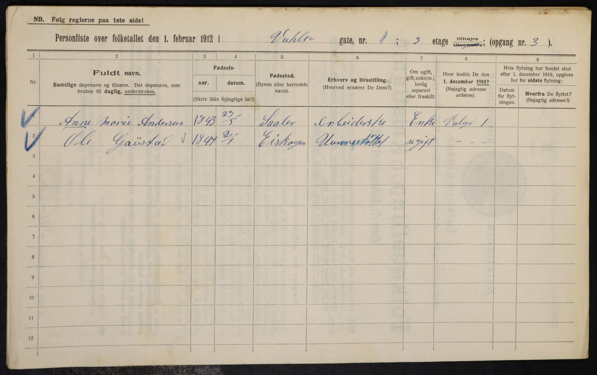 OBA, Municipal Census 1912 for Kristiania, 1912, p. 121392