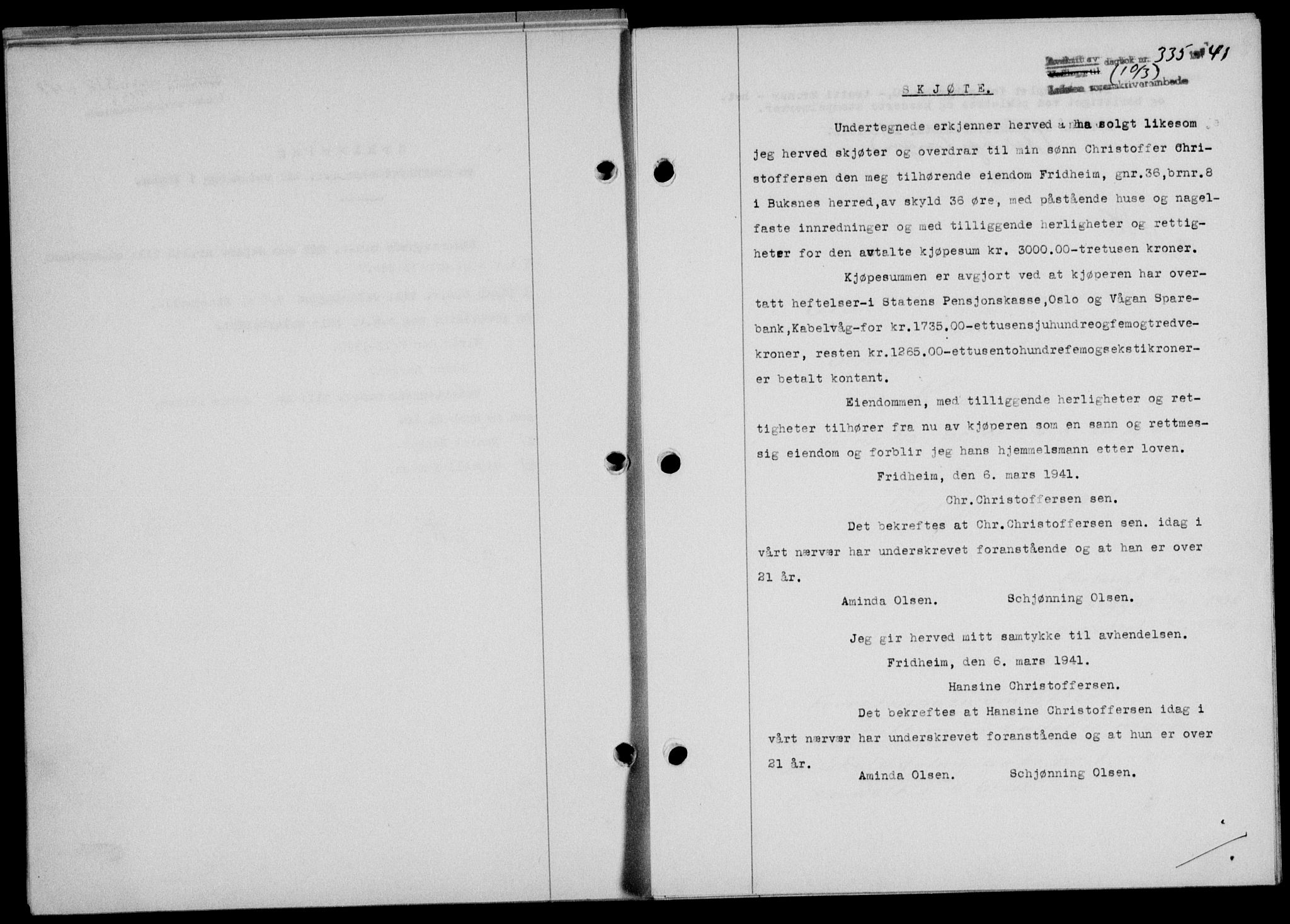 Lofoten sorenskriveri, SAT/A-0017/1/2/2C/L0008a: Mortgage book no. 8a, 1940-1941, Diary no: : 335/1941