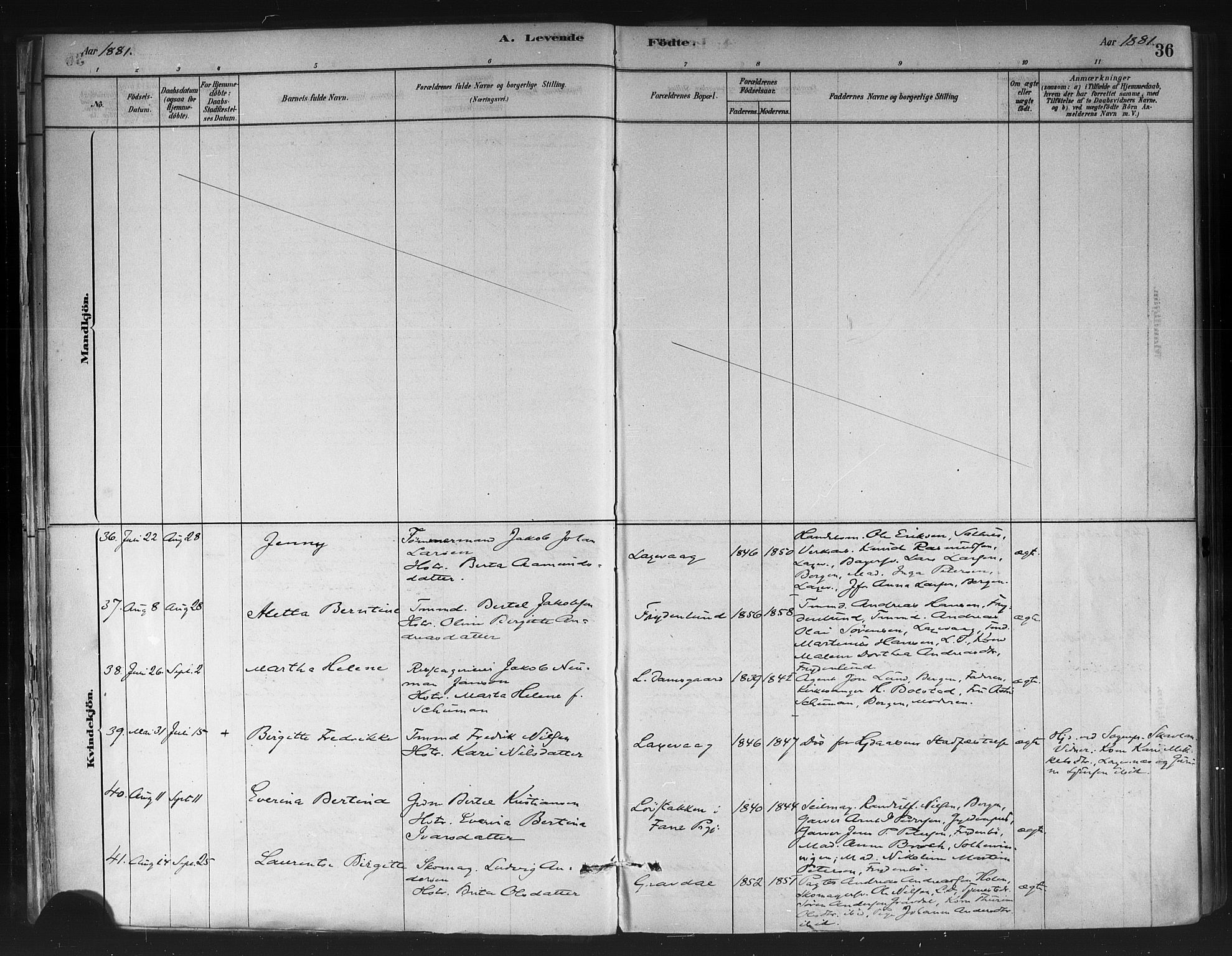 Askøy Sokneprestembete, SAB/A-74101/H/Ha/Haa/Haae/L0002: Parish register (official) no. E 2, 1878-1891, p. 36