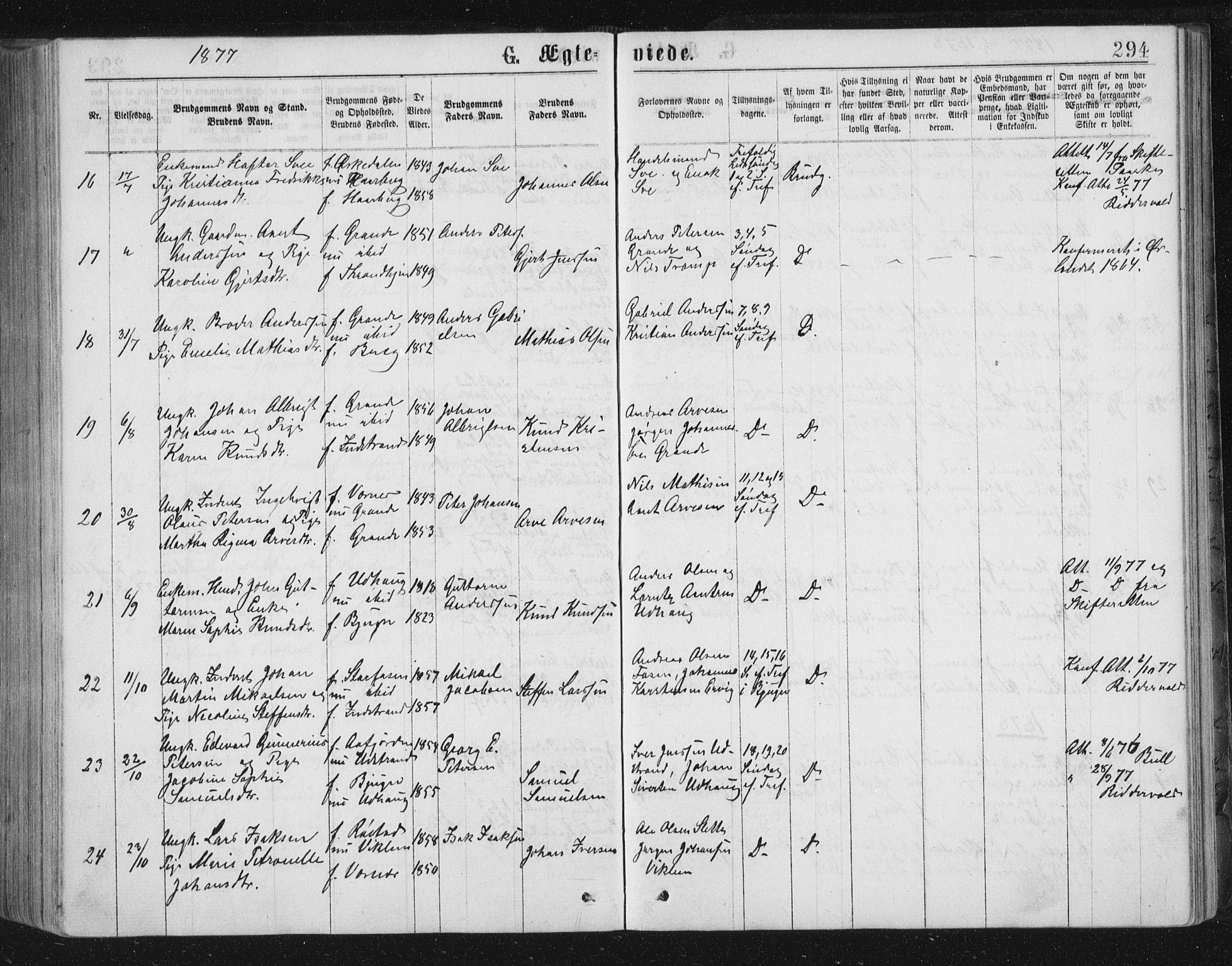 Ministerialprotokoller, klokkerbøker og fødselsregistre - Sør-Trøndelag, SAT/A-1456/659/L0745: Parish register (copy) no. 659C02, 1869-1892, p. 294