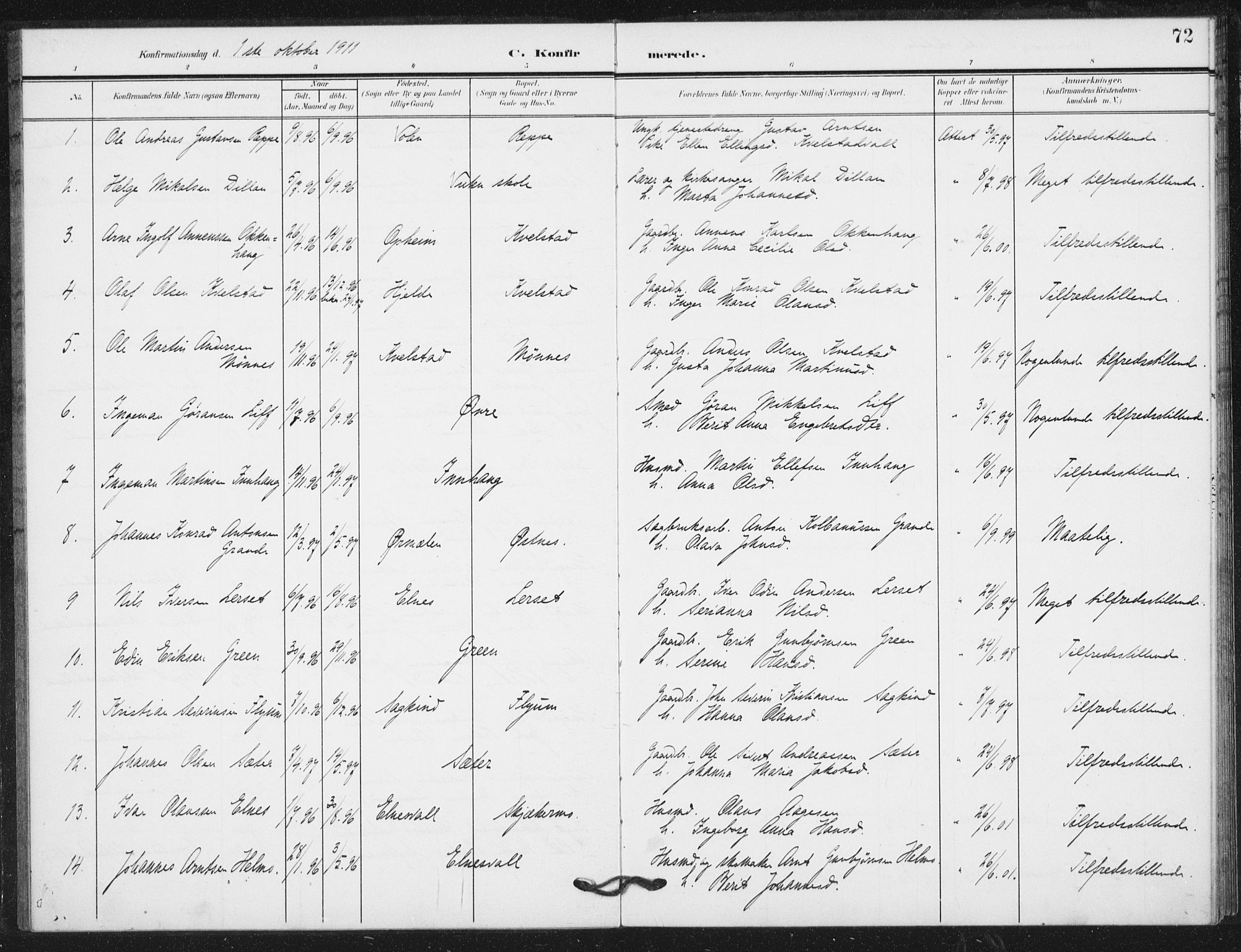 Ministerialprotokoller, klokkerbøker og fødselsregistre - Nord-Trøndelag, SAT/A-1458/724/L0264: Parish register (official) no. 724A02, 1908-1915, p. 72