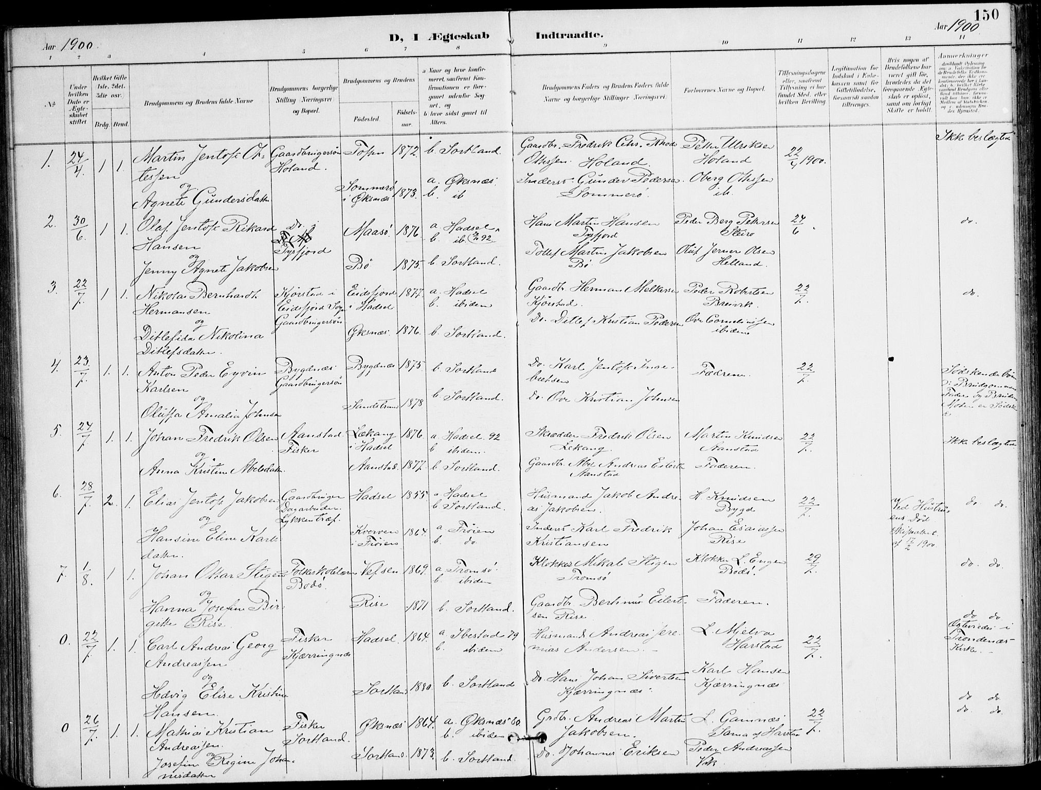 Ministerialprotokoller, klokkerbøker og fødselsregistre - Nordland, AV/SAT-A-1459/895/L1372: Parish register (official) no. 895A07, 1894-1914, p. 150