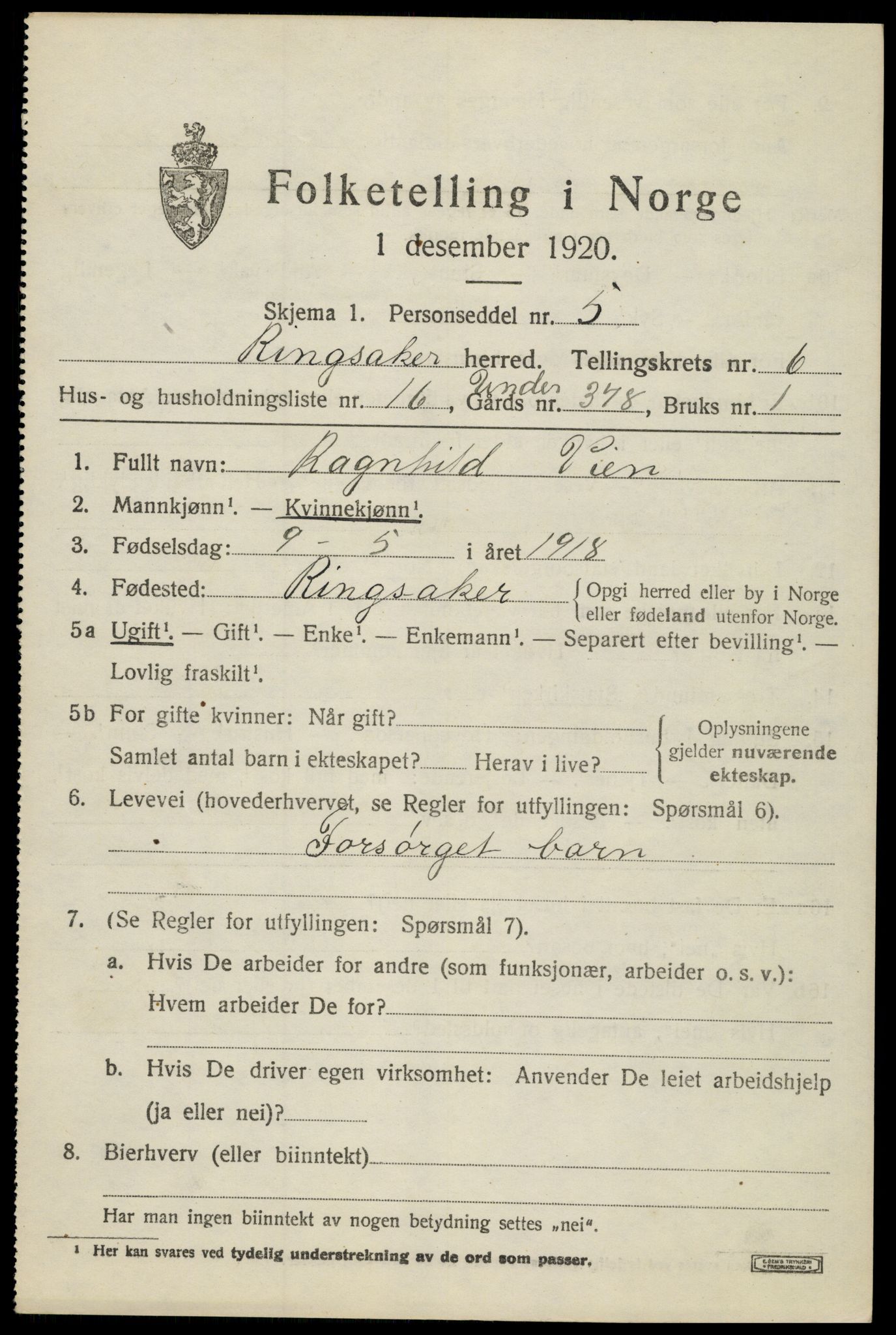 SAH, 1920 census for Ringsaker, 1920, p. 11438