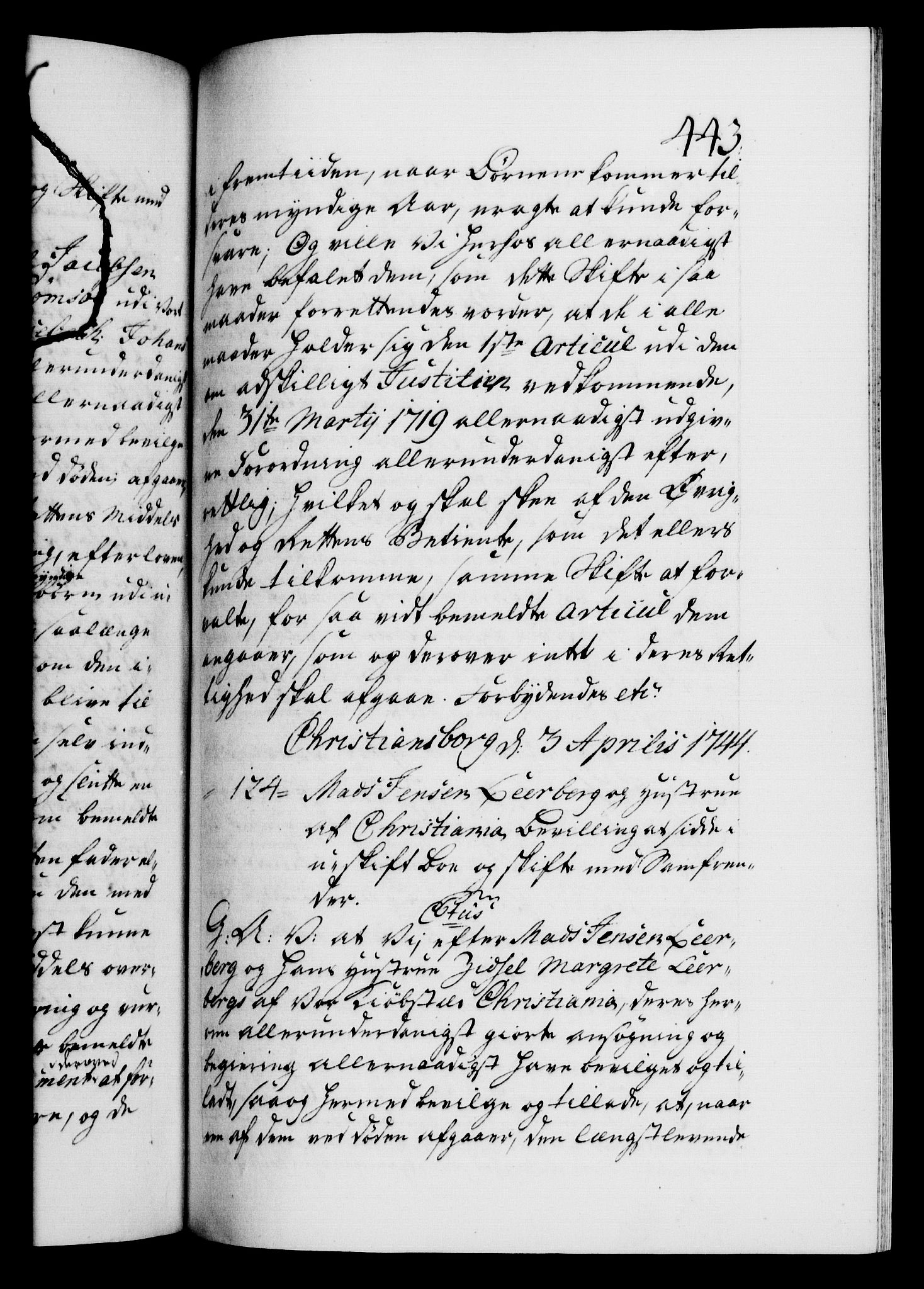 Danske Kanselli 1572-1799, AV/RA-EA-3023/F/Fc/Fca/Fcaa/L0033: Norske registre, 1743-1744, p. 443a