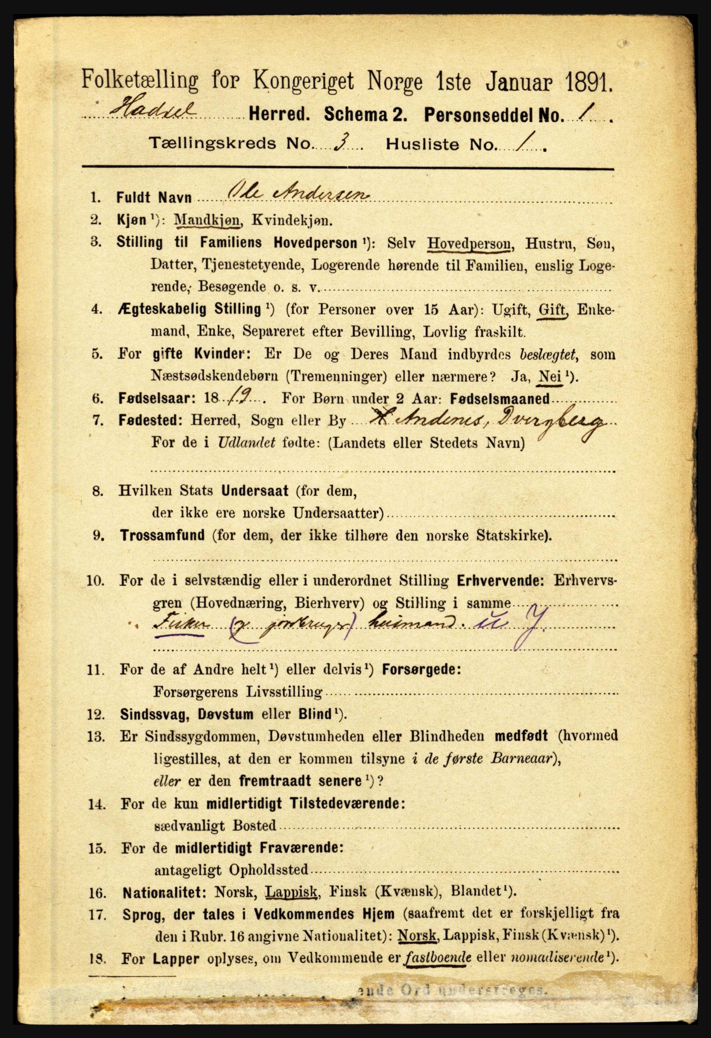 RA, 1891 census for 1866 Hadsel, 1891, p. 1082