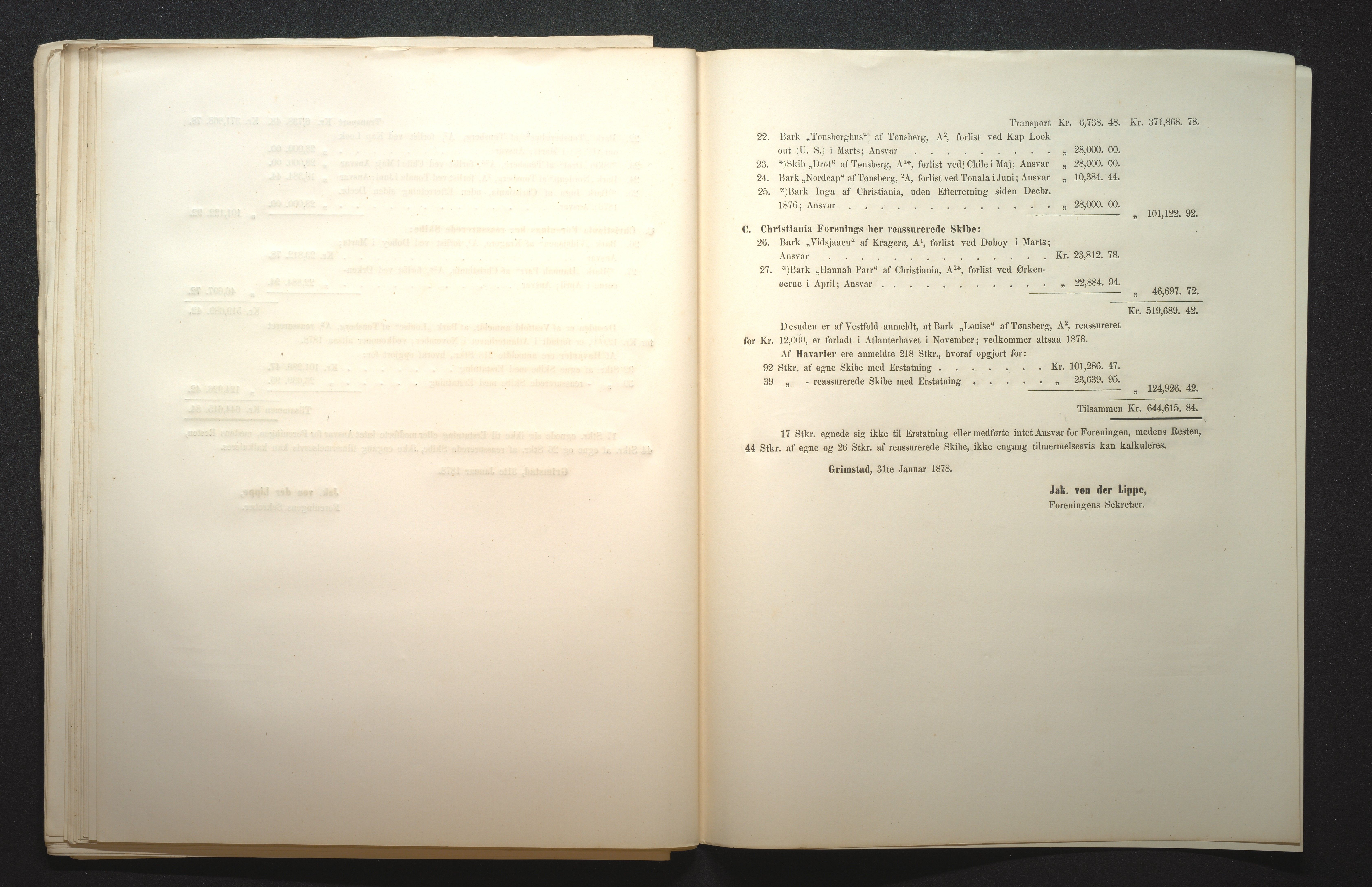 Agders Gjensidige Assuranceforening, AAKS/PA-1718/05/L0001: Regnskap, seilavdeling, pakkesak, 1855-1880