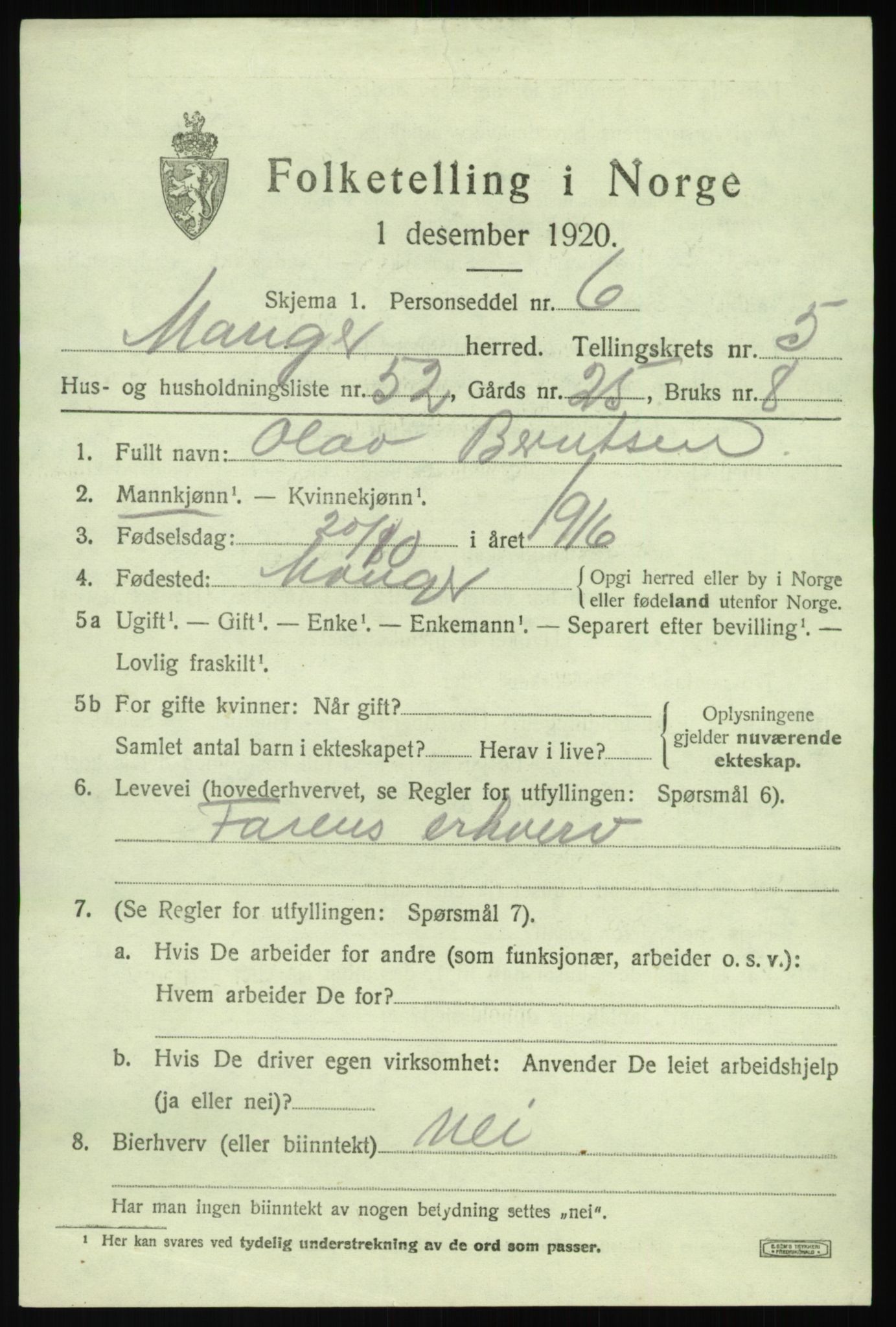 SAB, 1920 census for Manger, 1920, p. 3885