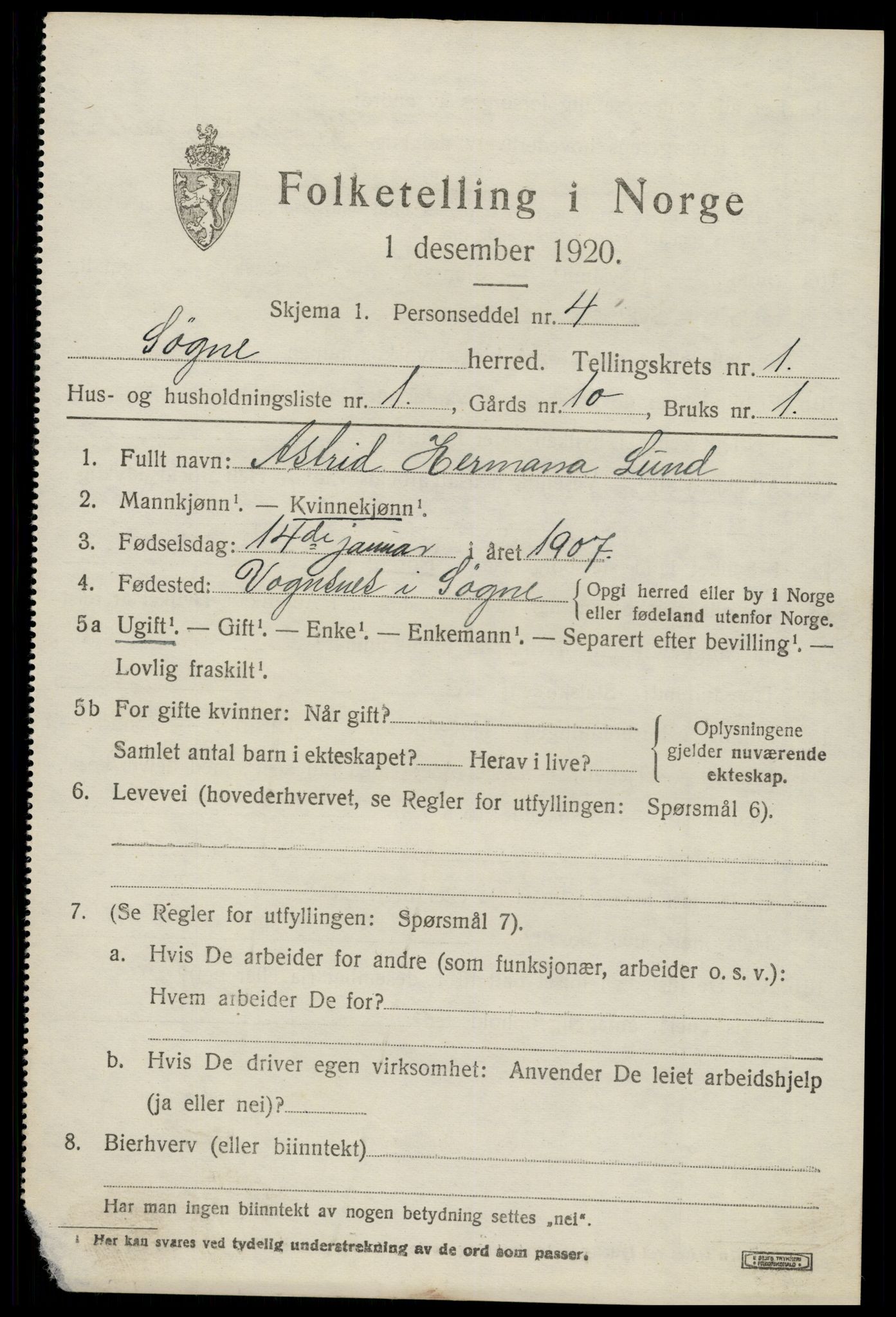 SAK, 1920 census for Søgne, 1920, p. 1337