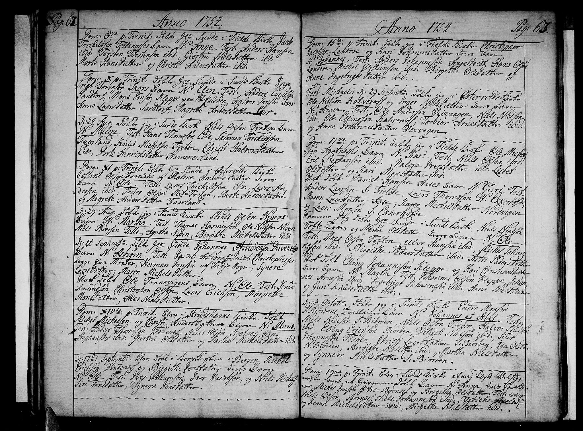 Sund sokneprestembete, AV/SAB-A-99930: Parish register (official) no. A 4, 1748-1769, p. 62-63