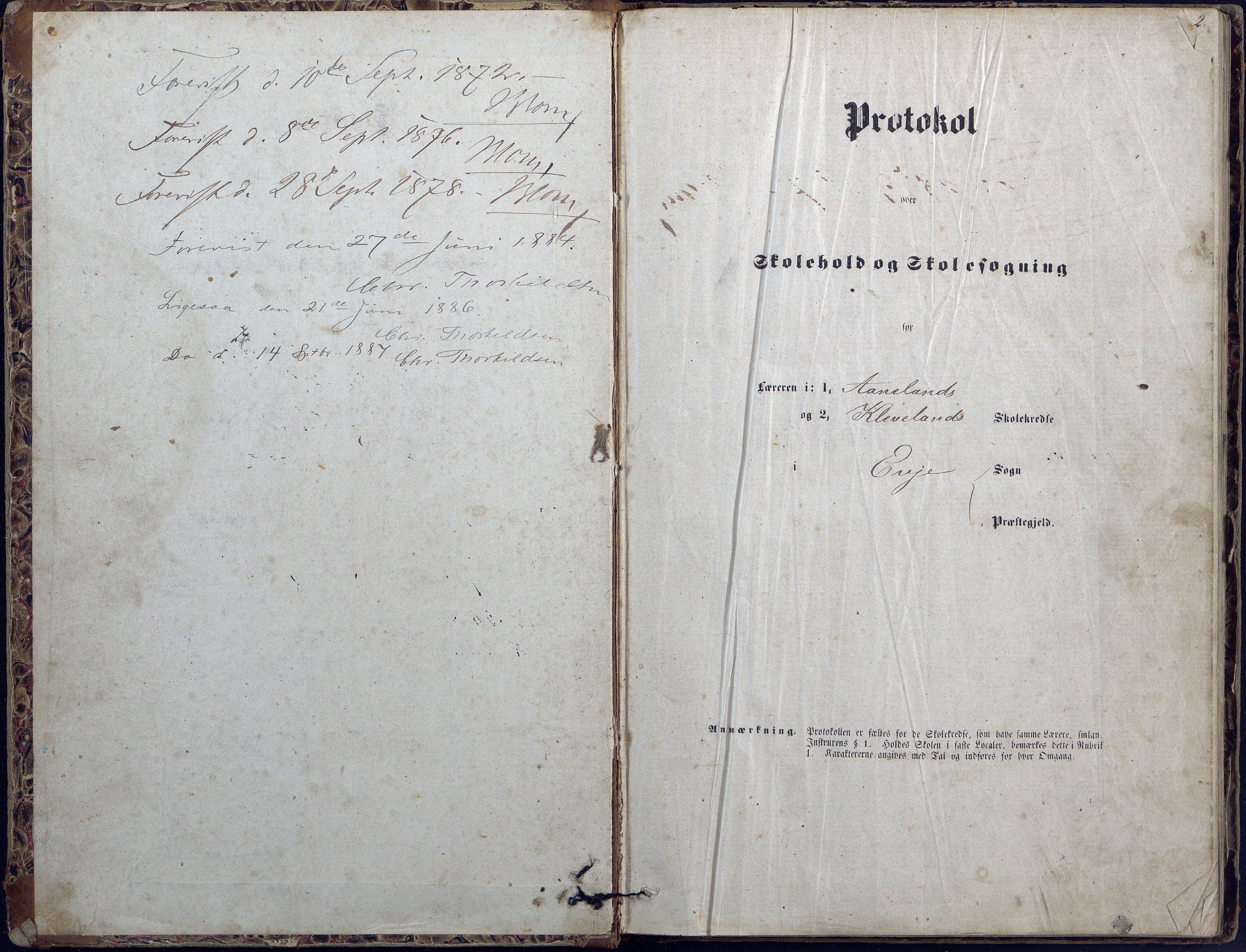 Evje kommune, Ånesland/Omland/Kleveland skolekrets, AAKS/KA0937-550f/F2/L0002: Protokoll for faste skoler i Aaneland, Kleveland og Omland kreds, 1863-1888, p. 1