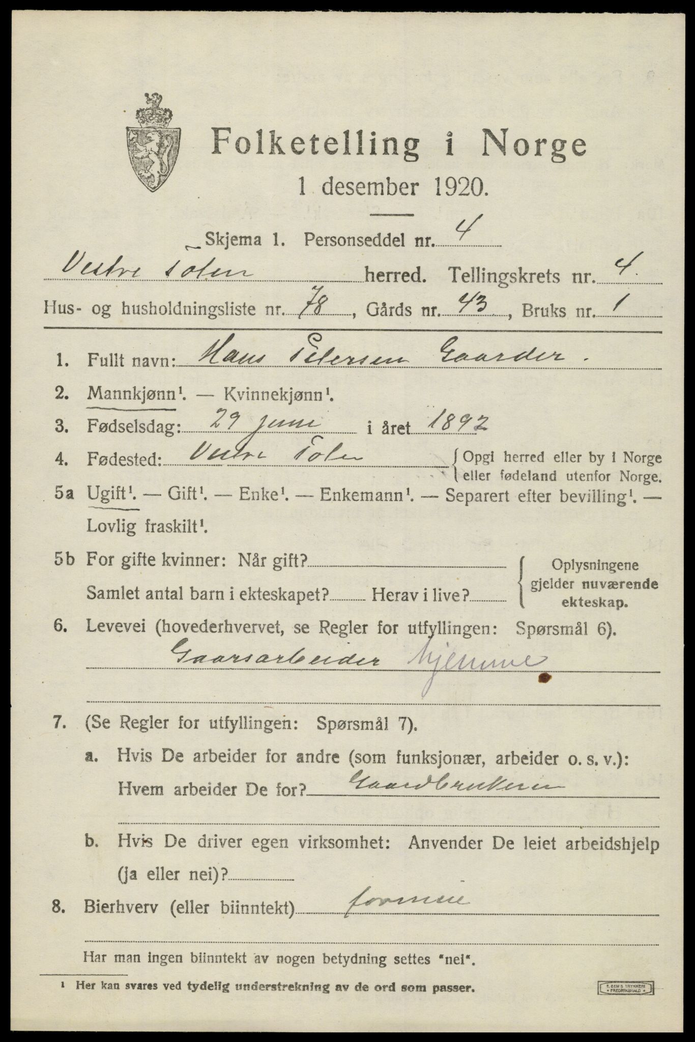 SAH, 1920 census for Vestre Toten, 1920, p. 7146