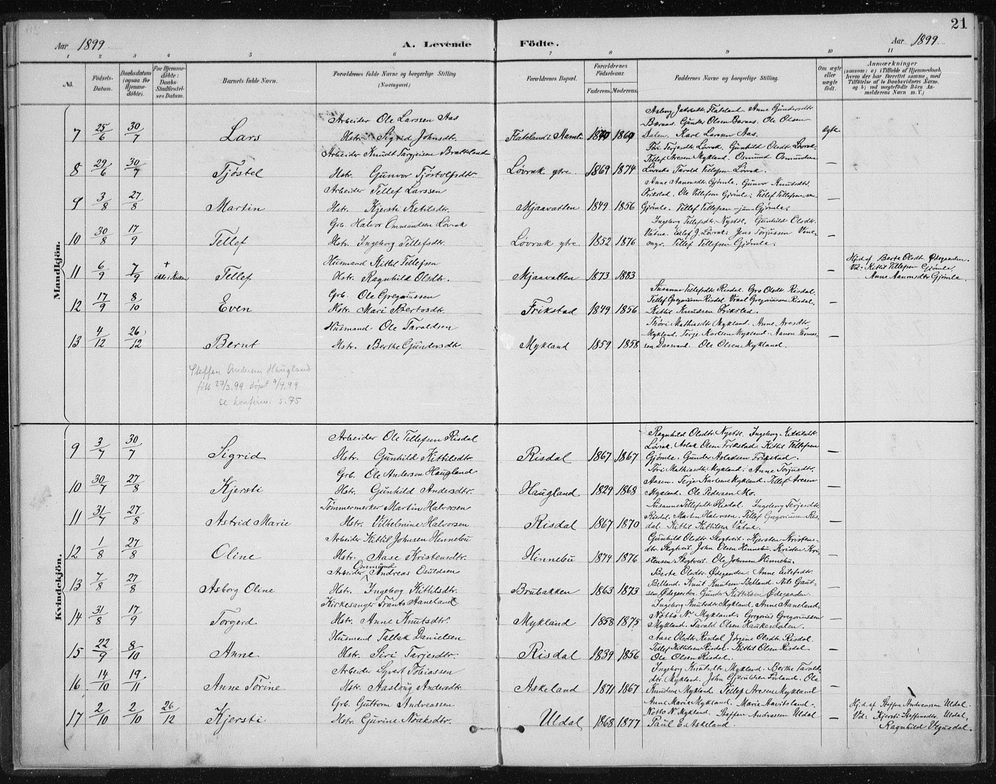 Herefoss sokneprestkontor, AV/SAK-1111-0019/F/Fa/Fac/L0002: Parish register (official) no. A 2, 1887-1915, p. 21