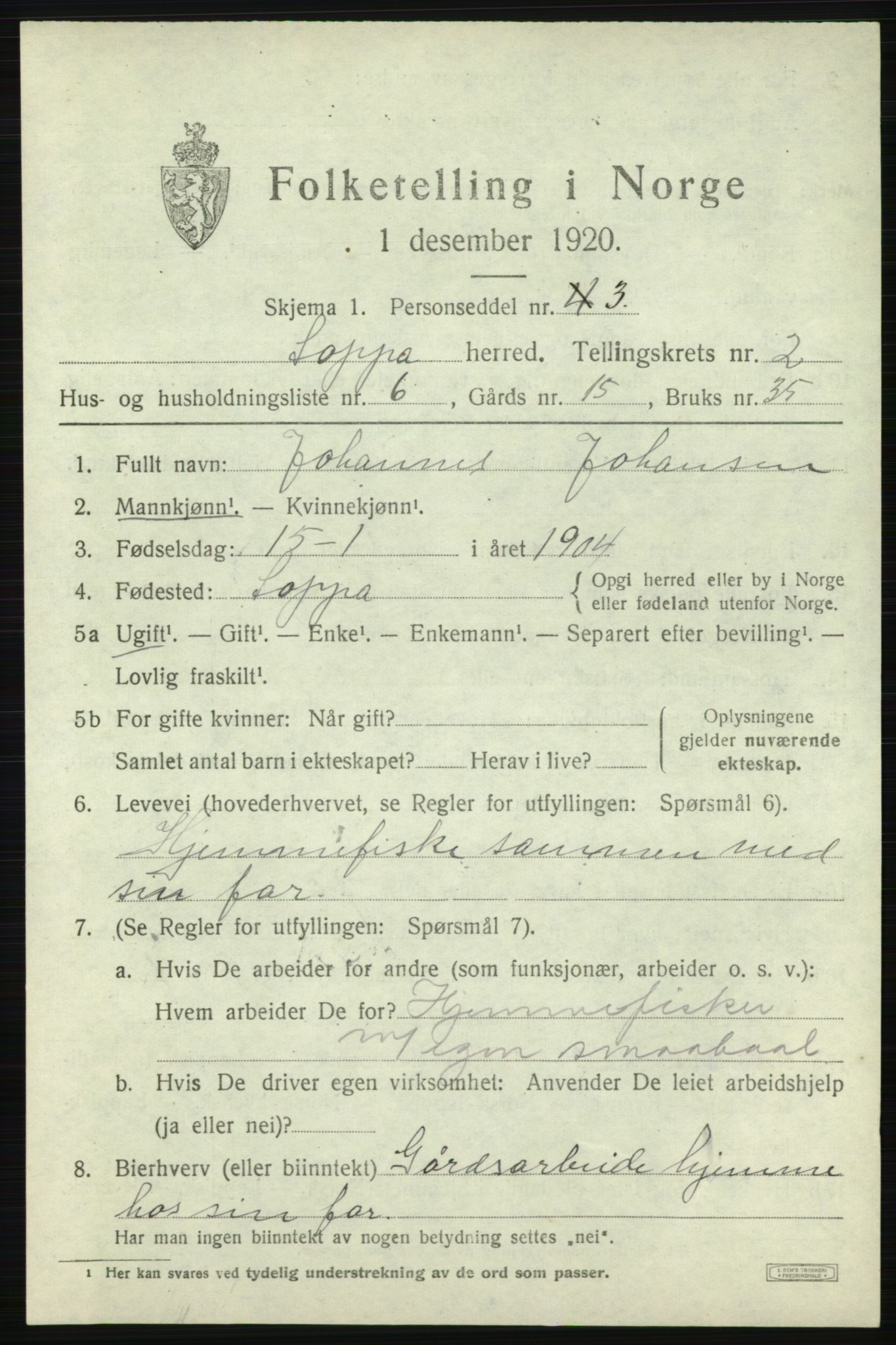 SATØ, 1920 census for Loppa, 1920, p. 874