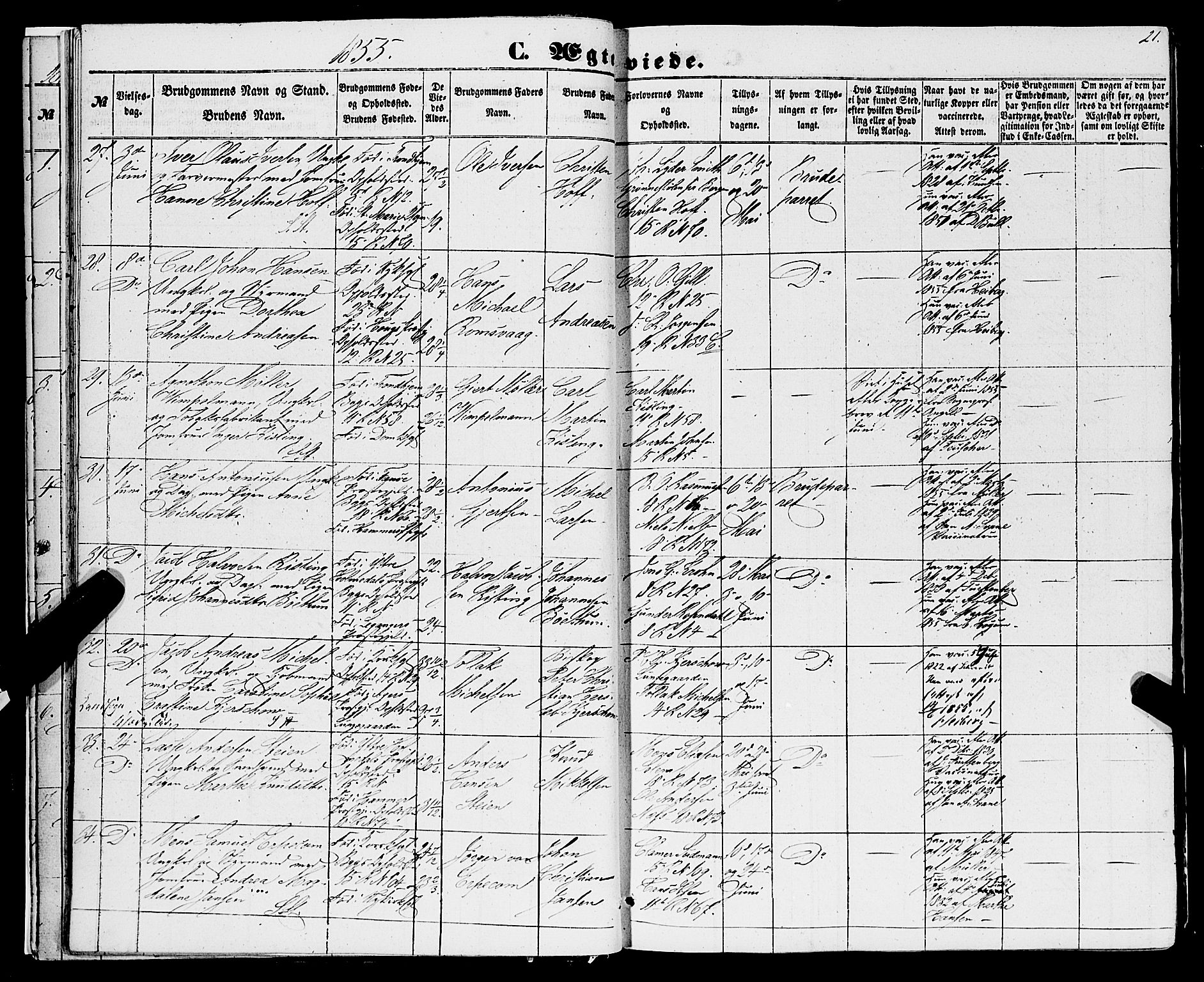 Domkirken sokneprestembete, AV/SAB-A-74801/H/Haa/L0034: Parish register (official) no. D 2, 1853-1874, p. 21