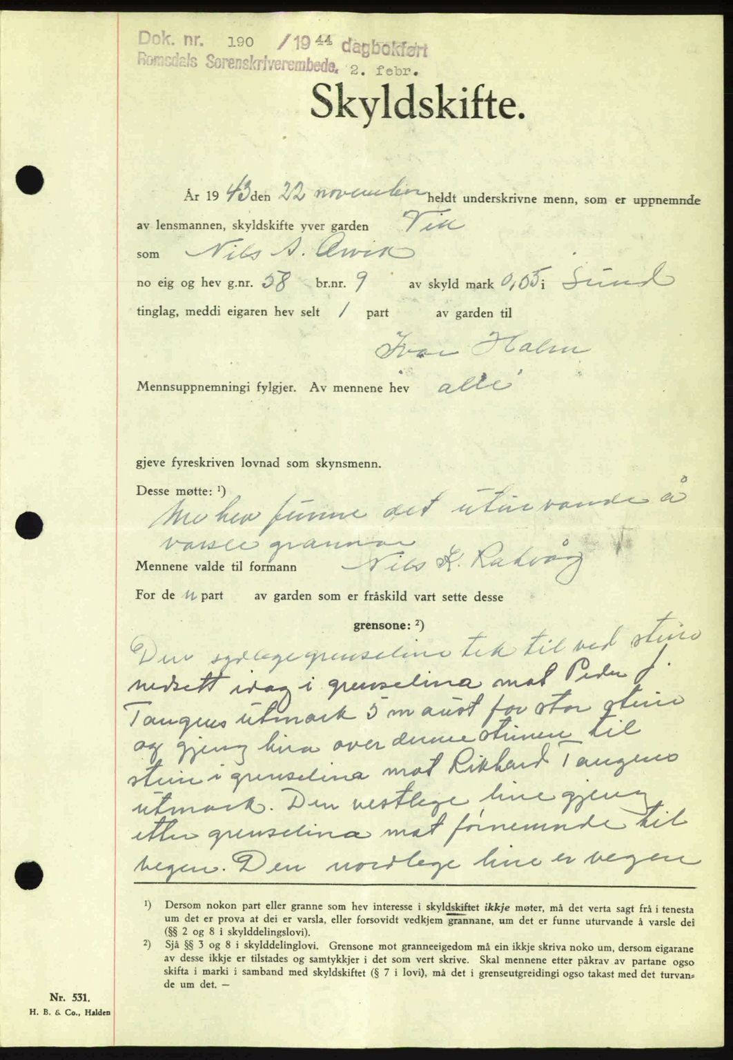 Romsdal sorenskriveri, AV/SAT-A-4149/1/2/2C: Mortgage book no. A15, 1943-1944, Diary no: : 190/1944