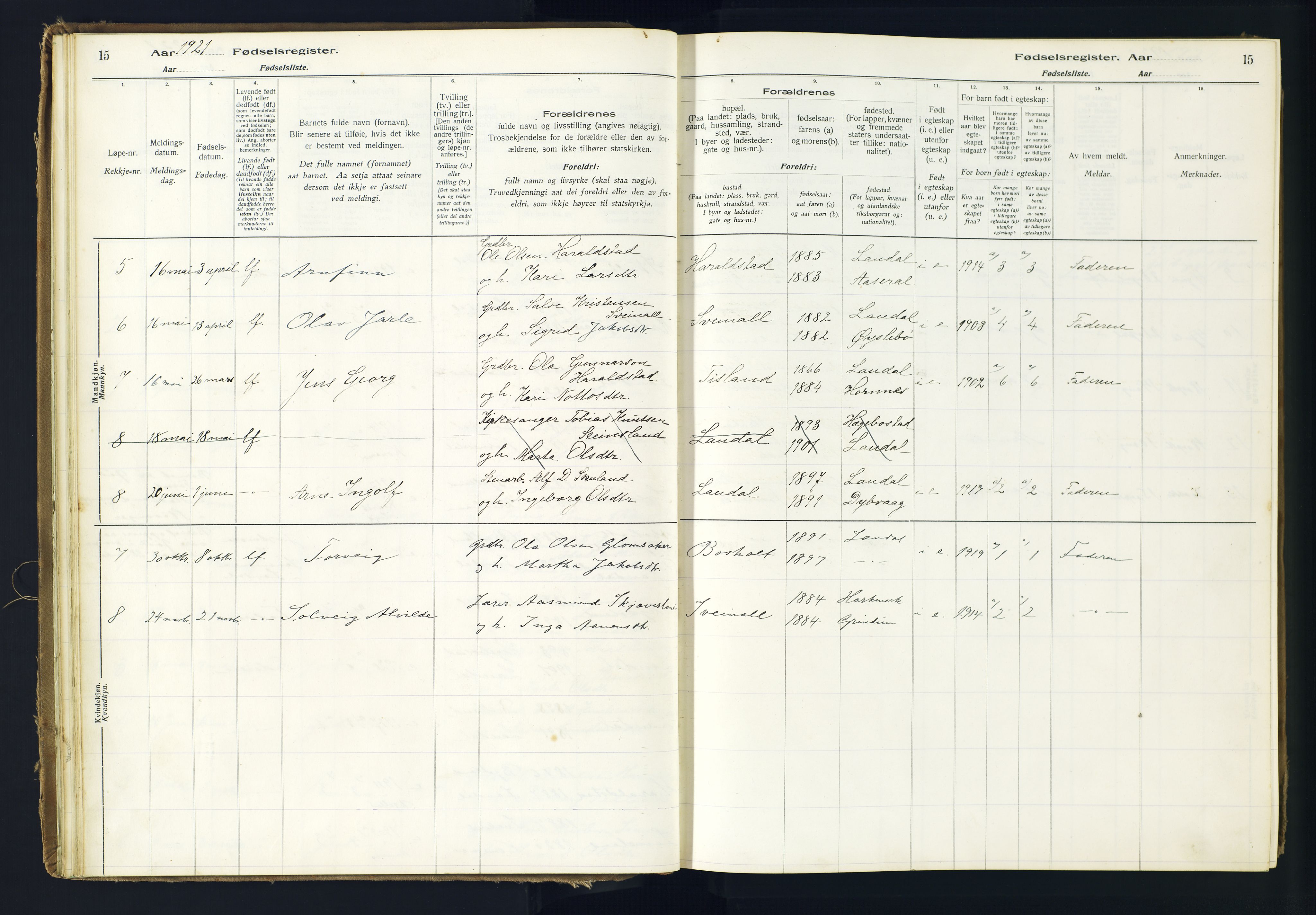 Holum sokneprestkontor, SAK/1111-0022/J/Ja/L0001: Birth register no. II.6.10, 1916-1982, p. 15