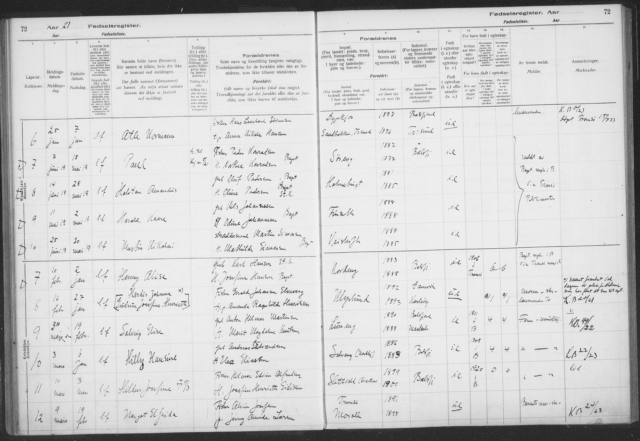 Balsfjord sokneprestembete, SATØ/S-1303/H/Hb/L0059: Birth register no. 59, 1916-1930, p. 72