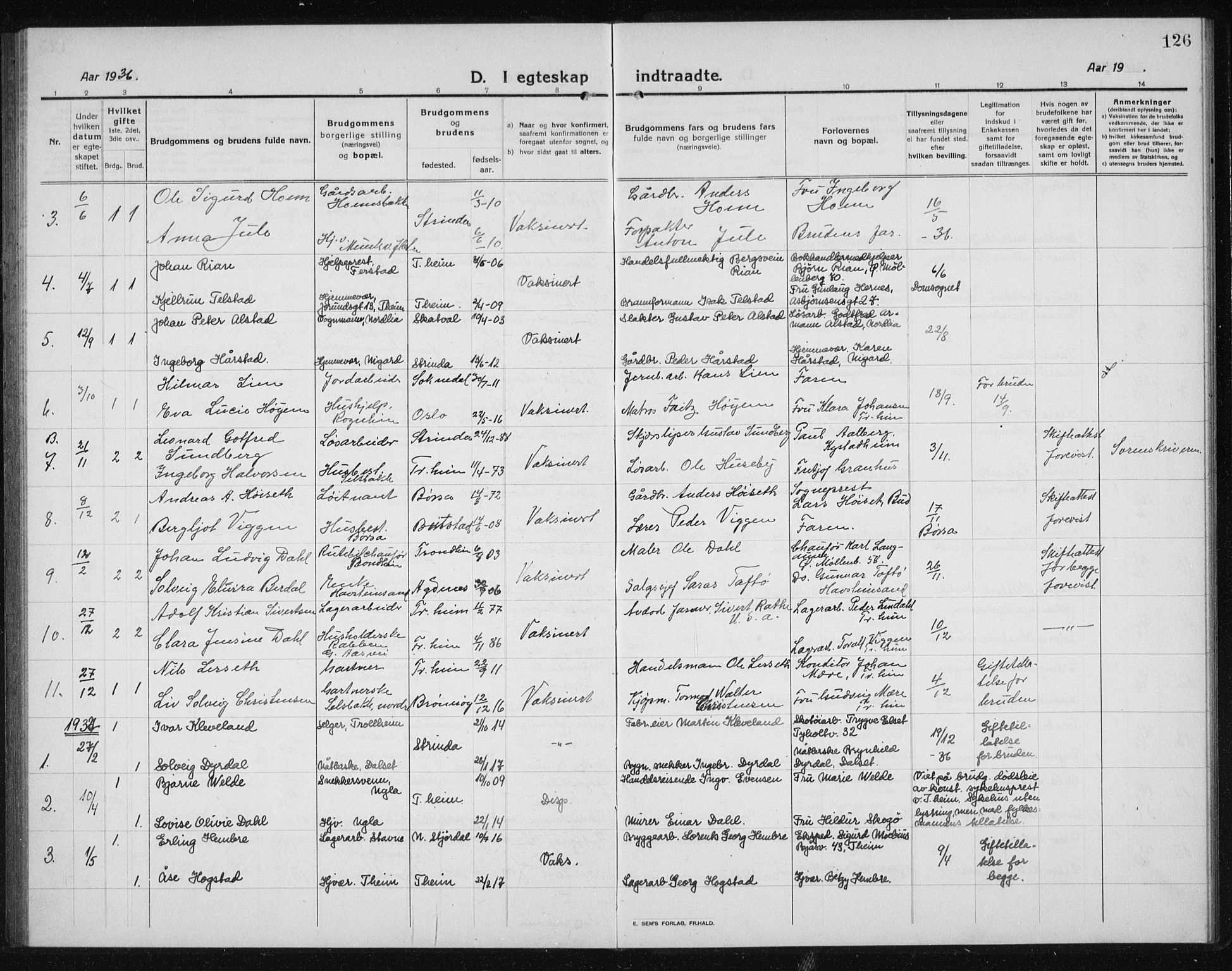 Ministerialprotokoller, klokkerbøker og fødselsregistre - Sør-Trøndelag, SAT/A-1456/611/L0356: Parish register (copy) no. 611C04, 1914-1938, p. 126