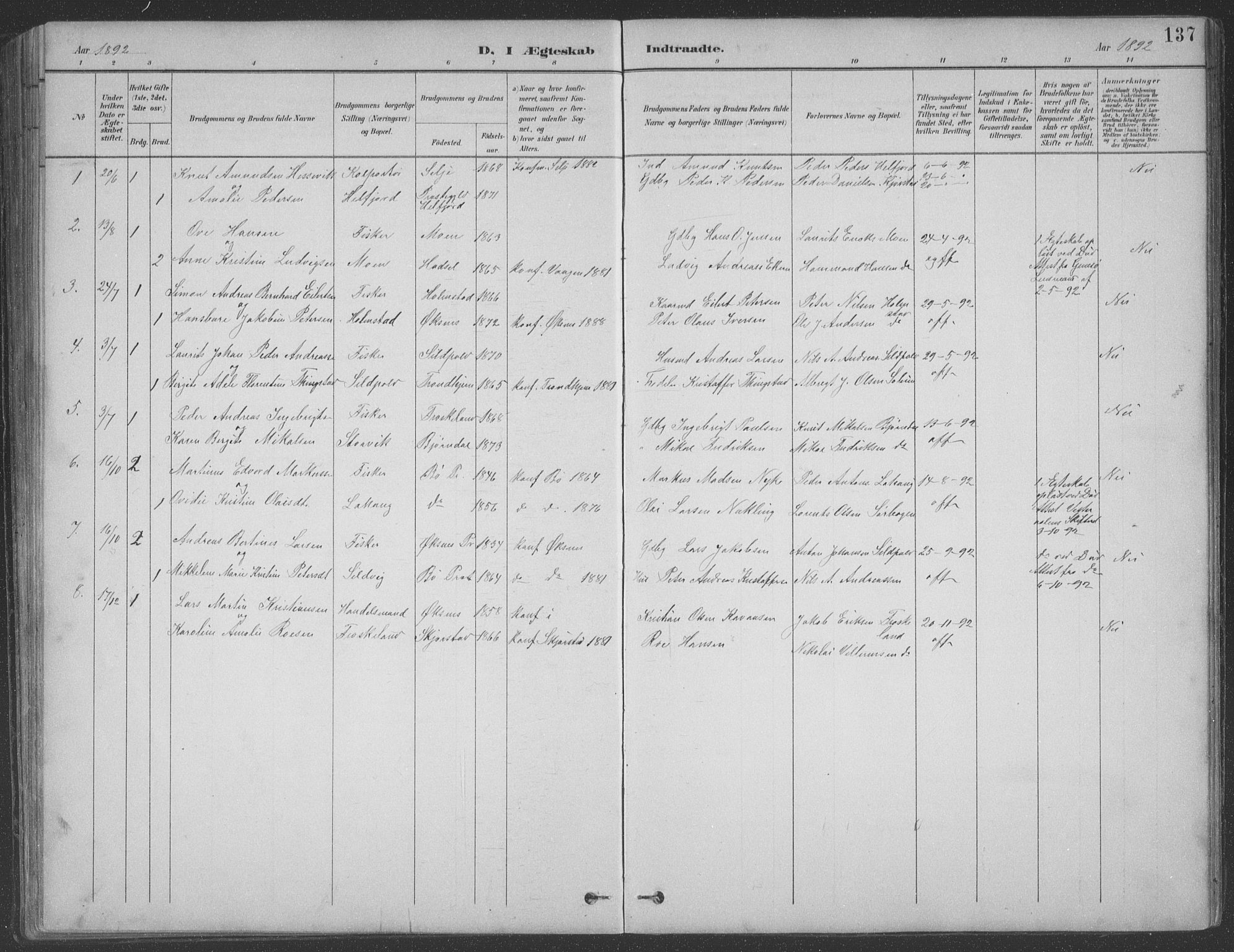 Ministerialprotokoller, klokkerbøker og fødselsregistre - Nordland, AV/SAT-A-1459/890/L1290: Parish register (copy) no. 890C01, 1882-1911, p. 137