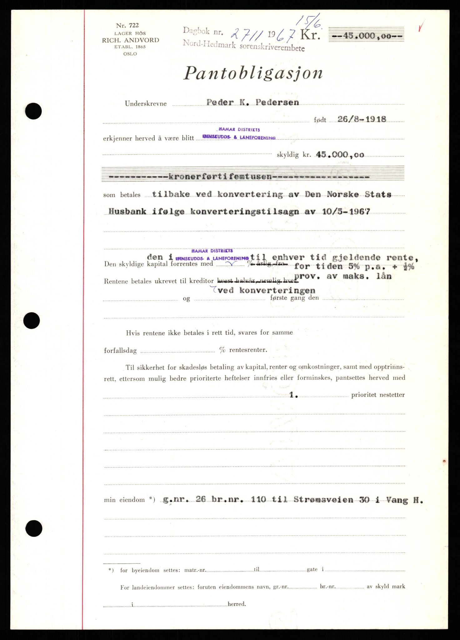 Nord-Hedmark sorenskriveri, SAH/TING-012/H/Hb/Hbf/L0071: Mortgage book no. B71, 1967-1967, Diary no: : 2711/1967
