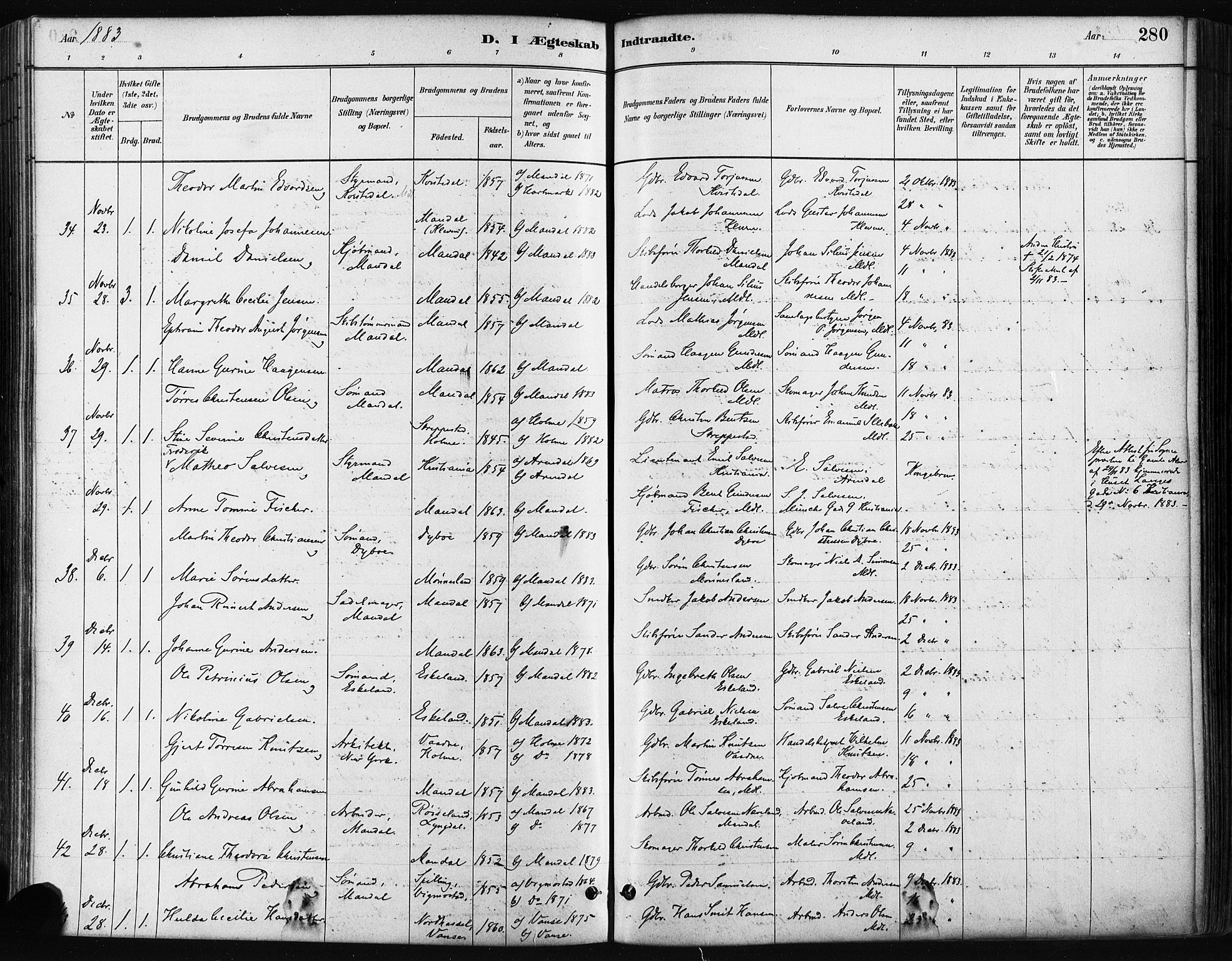 Mandal sokneprestkontor, AV/SAK-1111-0030/F/Fa/Faa/L0016: Parish register (official) no. A 16, 1880-1890, p. 280