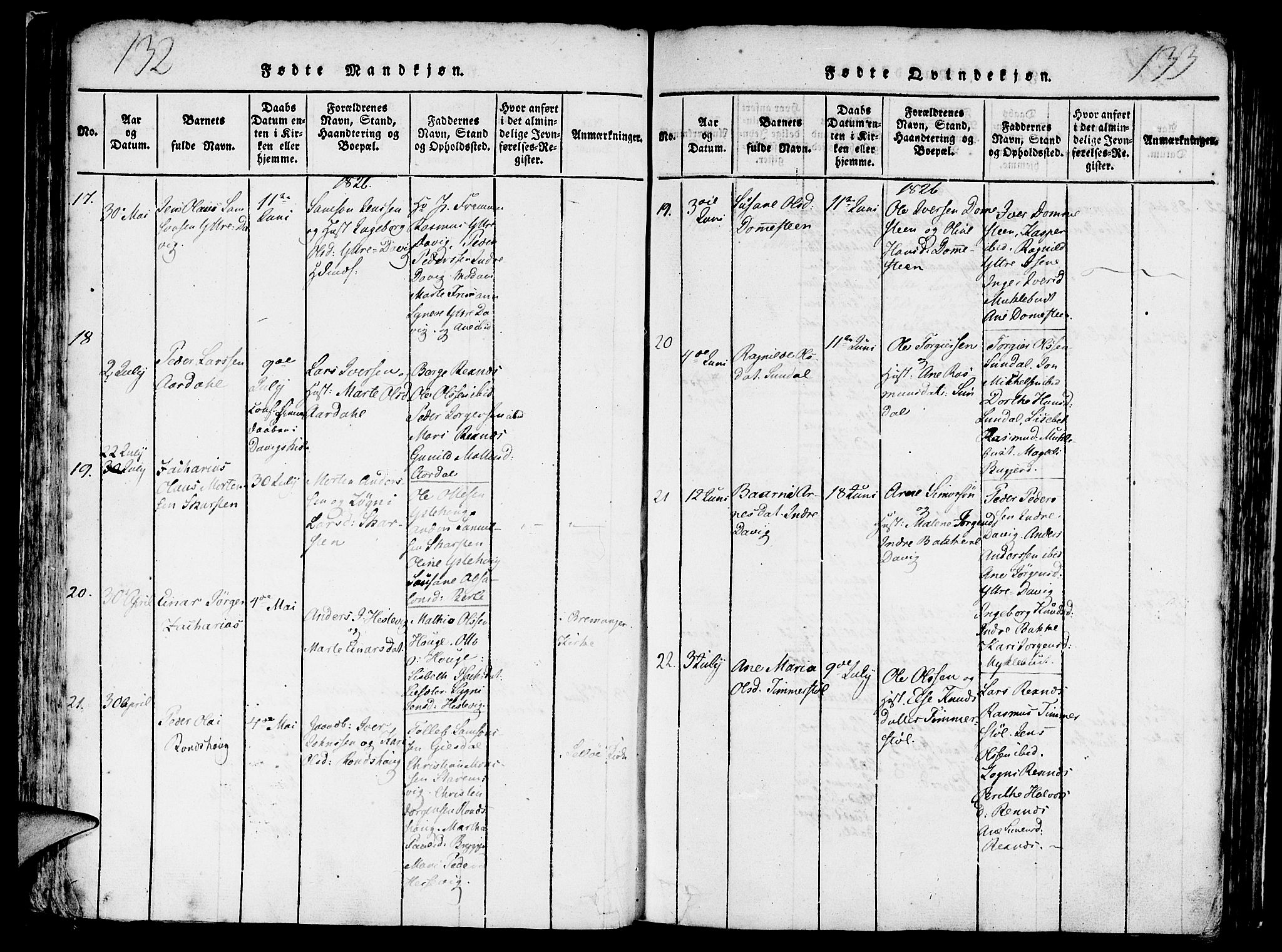 Davik sokneprestembete, AV/SAB-A-79701/H/Haa/Haaa/L0003: Parish register (official) no. A 3, 1816-1830, p. 132-133