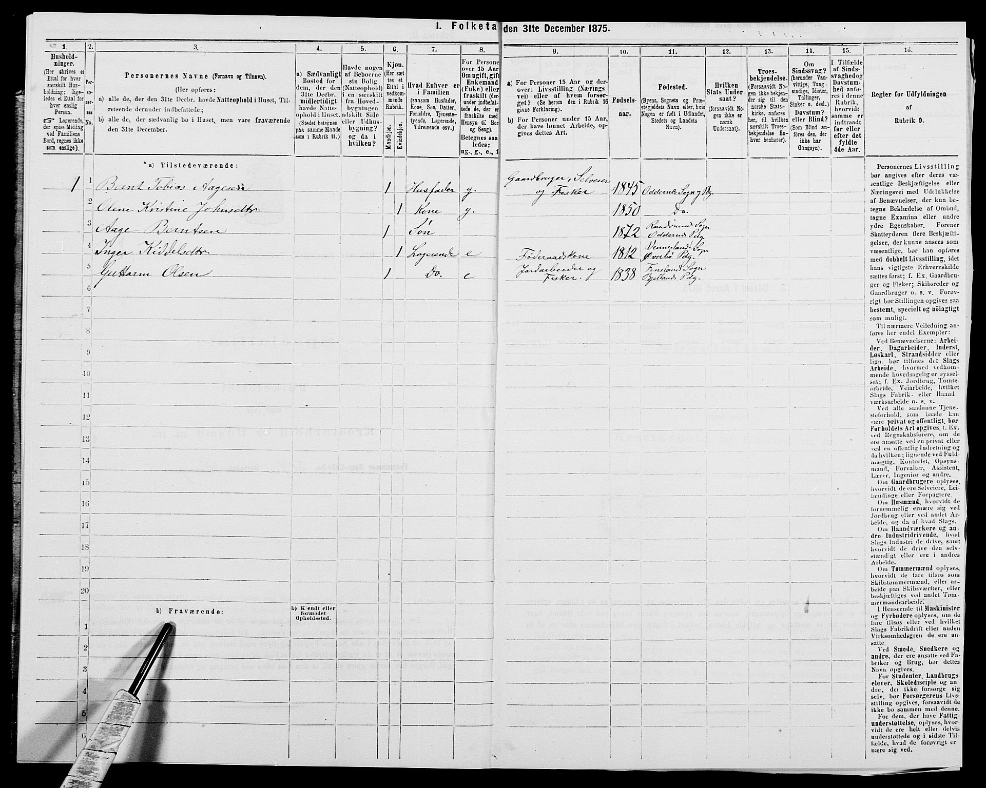 SAK, 1875 census for 1012P Oddernes, 1875, p. 992