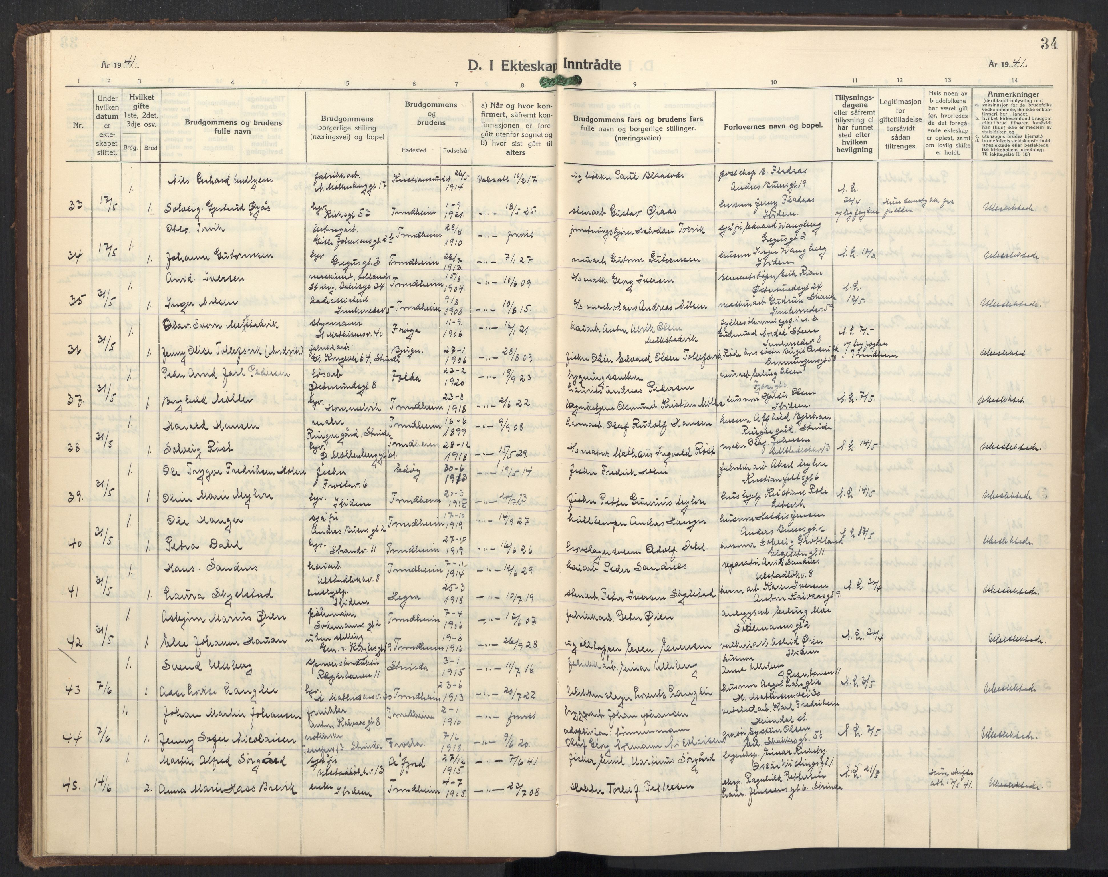 Ministerialprotokoller, klokkerbøker og fødselsregistre - Sør-Trøndelag, AV/SAT-A-1456/605/L0263: Parish register (copy) no. 605C10, 1938-1949, p. 34