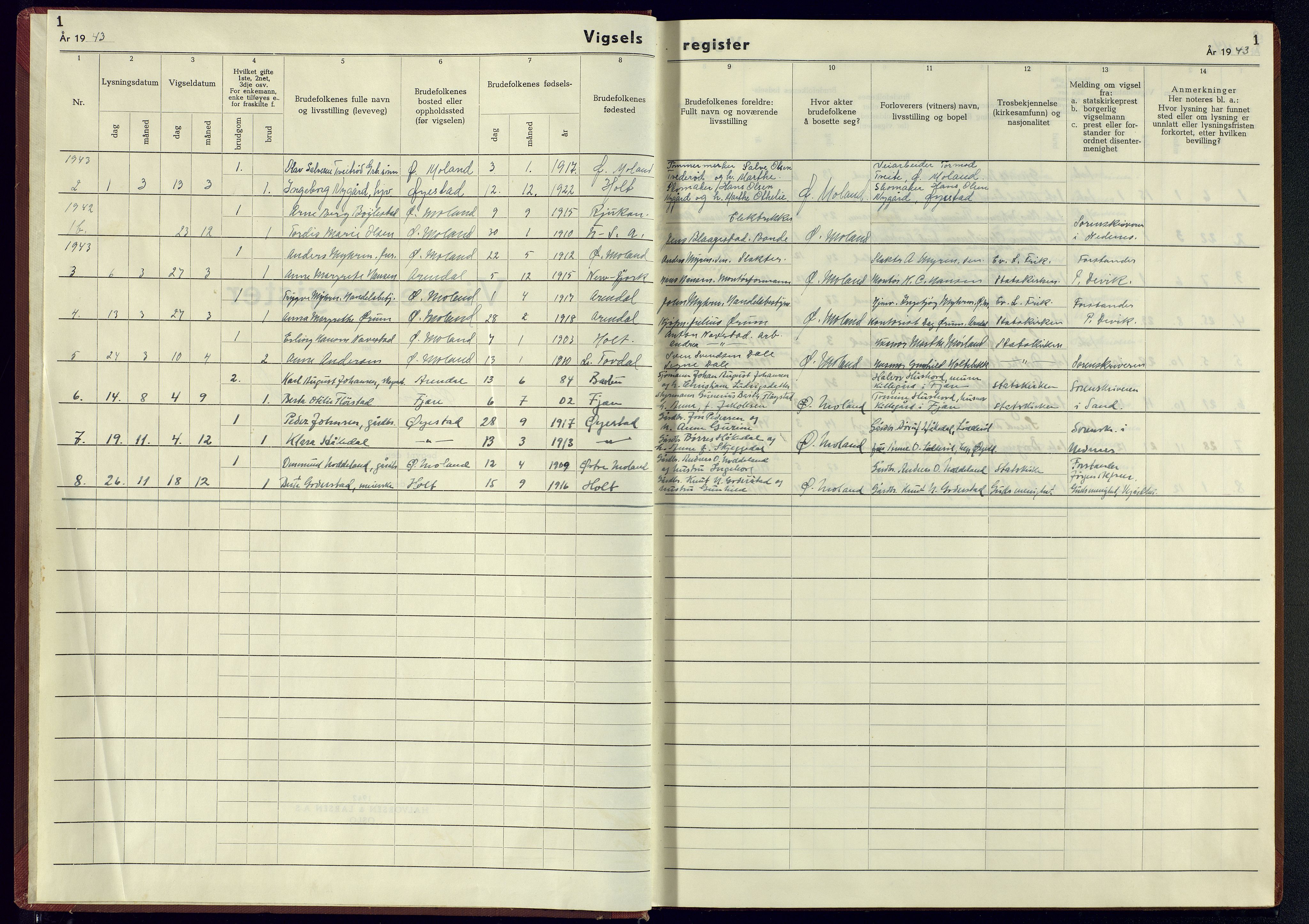 Austre Moland sokneprestkontor, SAK/1111-0001/J/Jb/L0004: Marriage register no. A-VI-20, 1943-1944, p. 1