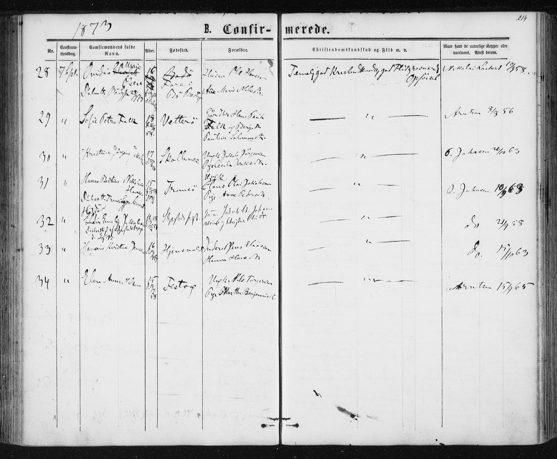 Ministerialprotokoller, klokkerbøker og fødselsregistre - Nordland, SAT/A-1459/801/L0008: Parish register (official) no. 801A08, 1864-1875, p. 214