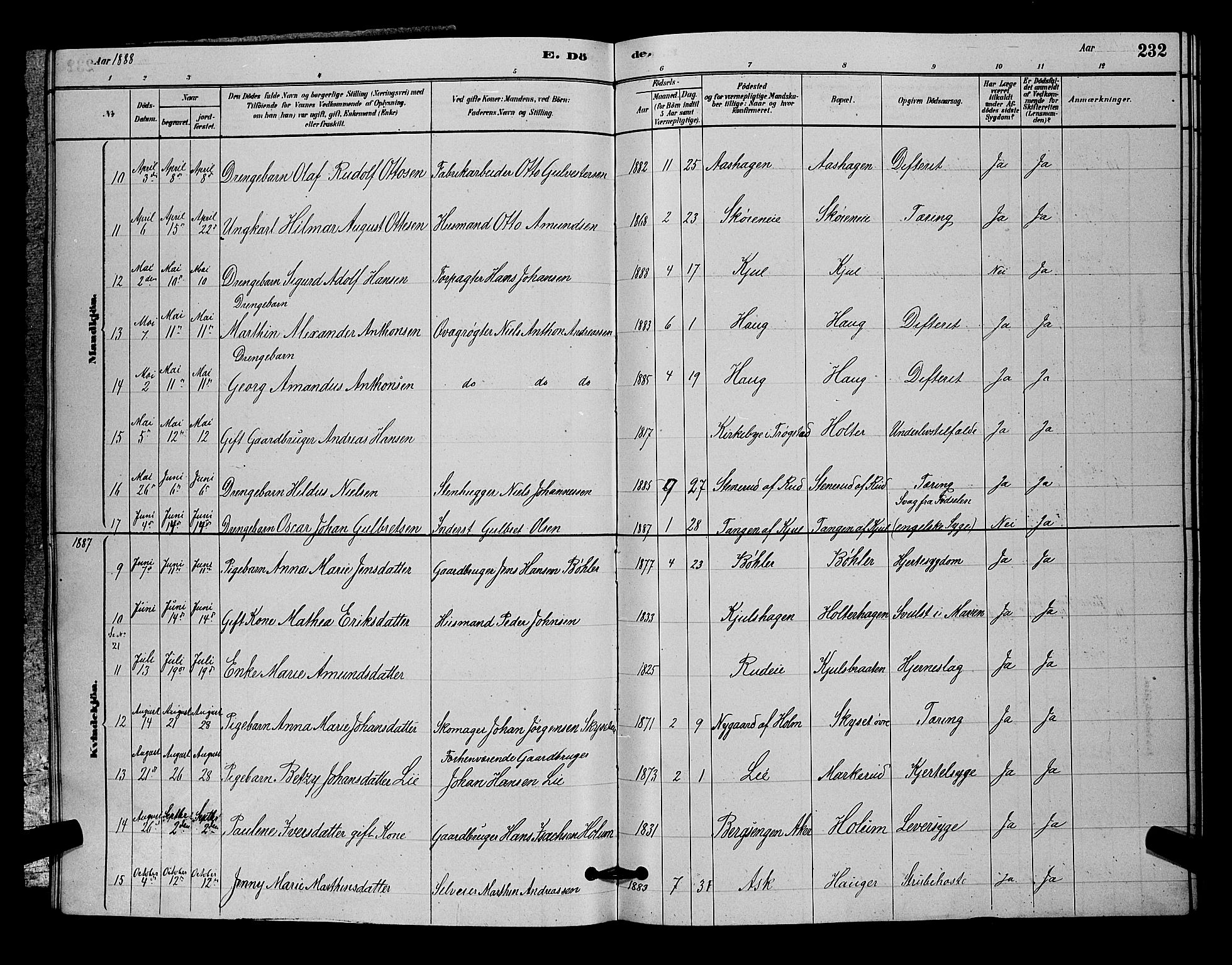 Nittedal prestekontor Kirkebøker, SAO/A-10365a/G/Ga/L0002: Parish register (copy) no. I 2, 1879-1901, p. 232
