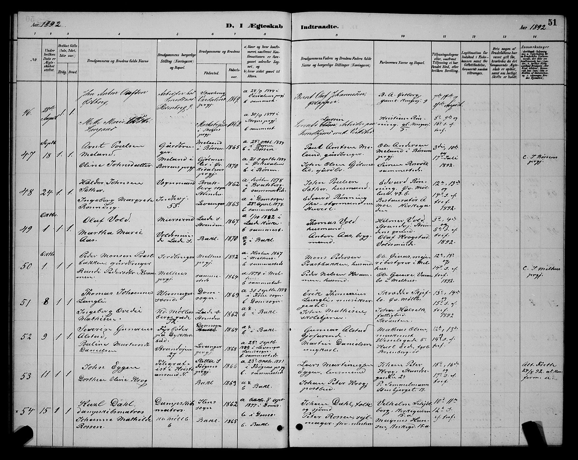 Ministerialprotokoller, klokkerbøker og fødselsregistre - Sør-Trøndelag, AV/SAT-A-1456/604/L0223: Parish register (copy) no. 604C06, 1886-1897, p. 51