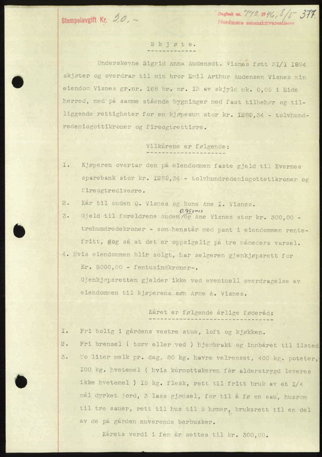 Nordmøre sorenskriveri, AV/SAT-A-4132/1/2/2Ca: Mortgage book no. A101, 1946-1946, Diary no: : 772/1946