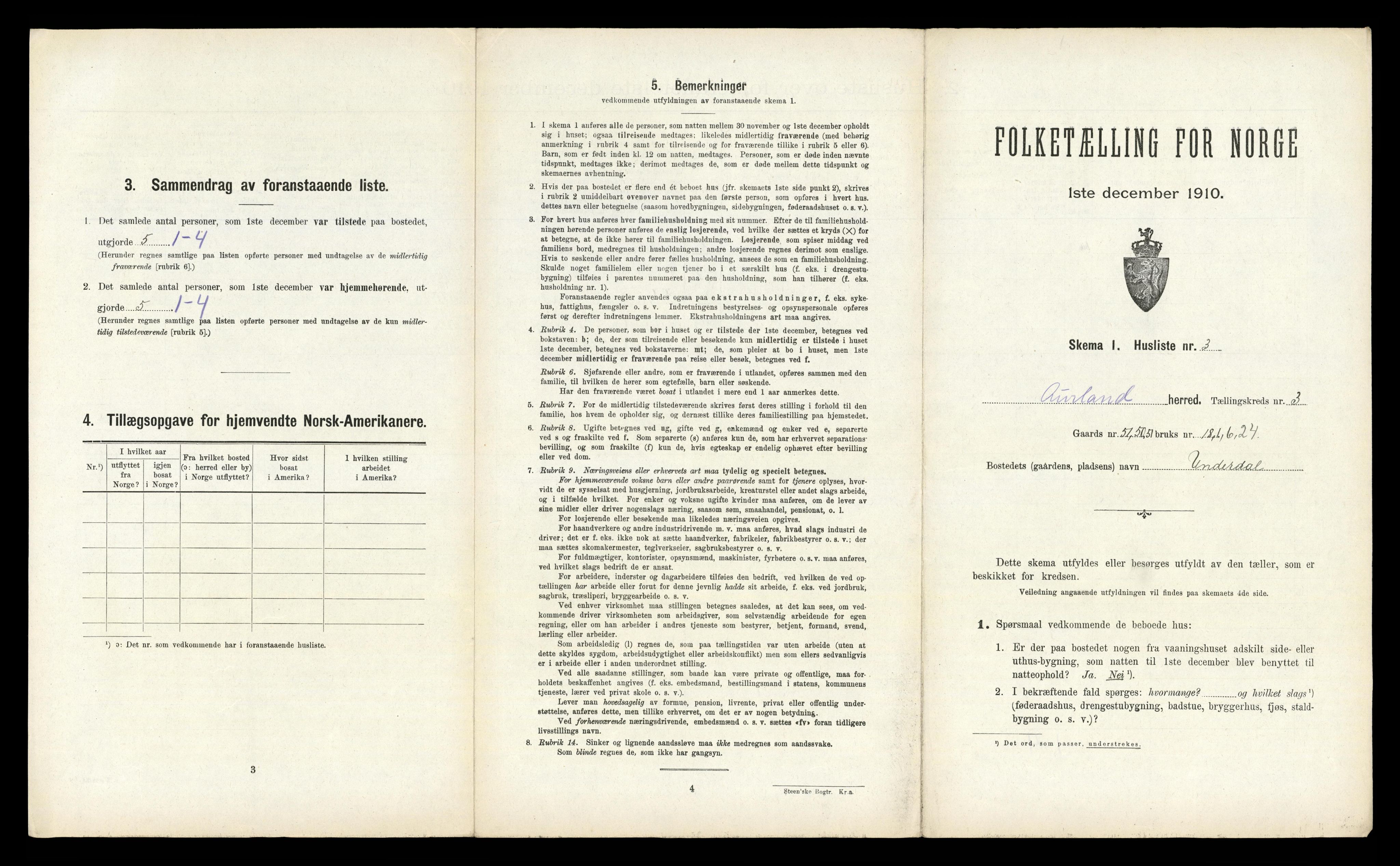 RA, 1910 census for Aurland, 1910, p. 189